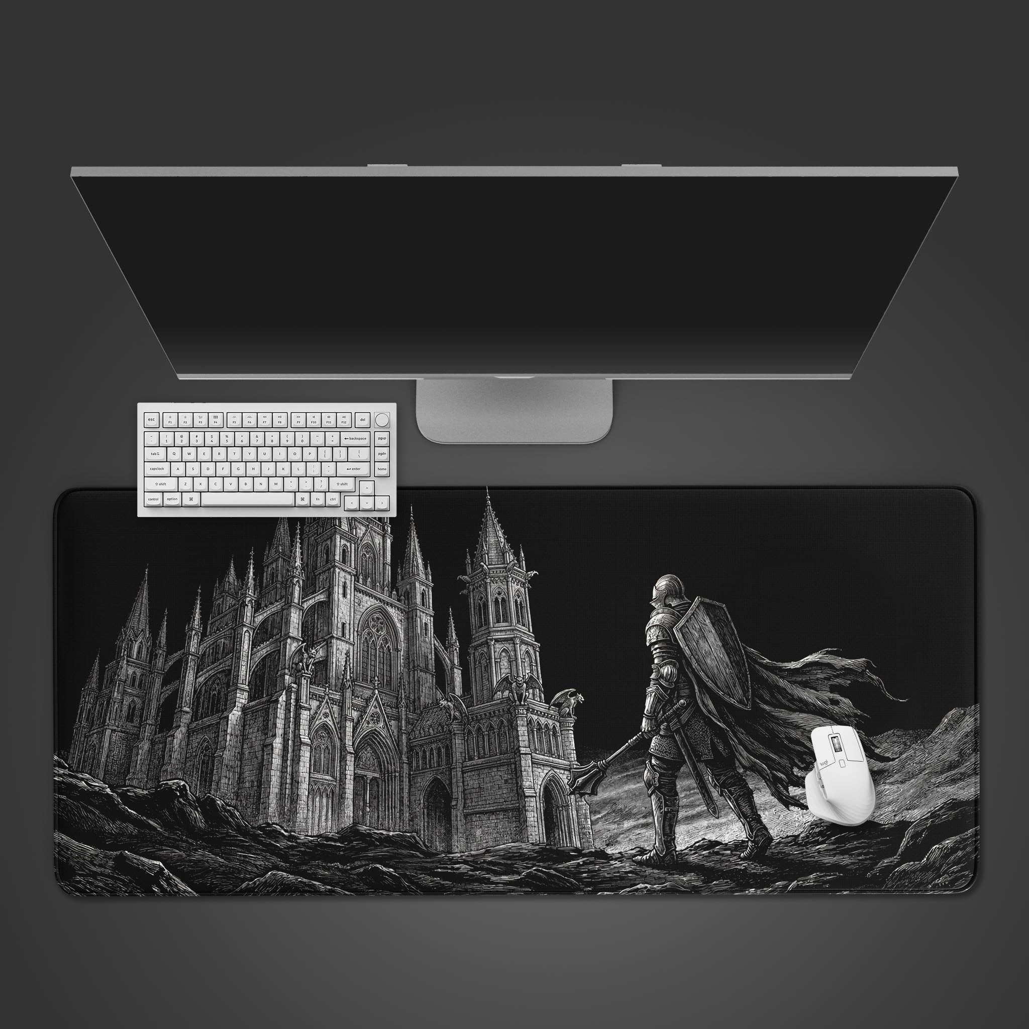 Iron Resolve Gothic Knight desk mat with dark castle design – top-down desktop view with a black keyboard and mouse. - Epic Design Pads & Mousepads