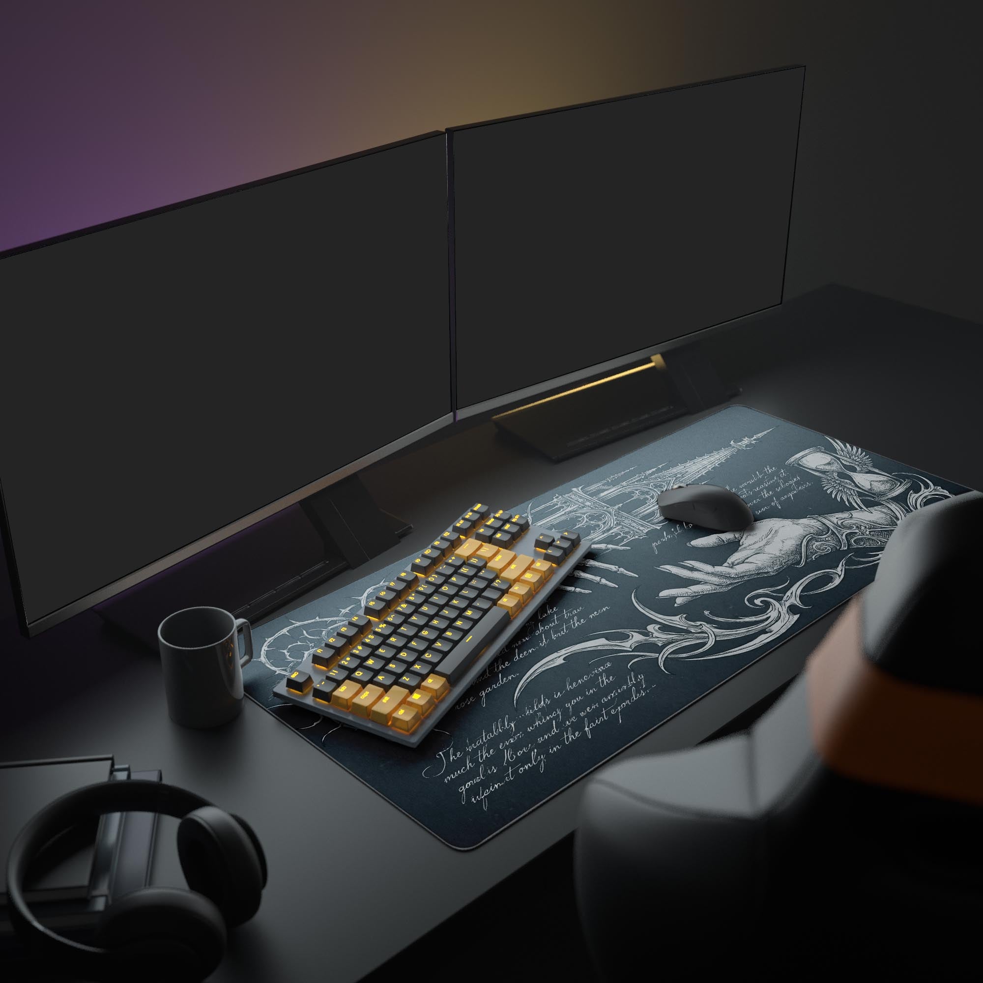 A full gaming setup featuring the Ironbound Legacy mouse pad, which displays a dark fantasy Cybersigilism art style beneath a monitor and gaming peripherals. - Epic Design Pads & Mousepads