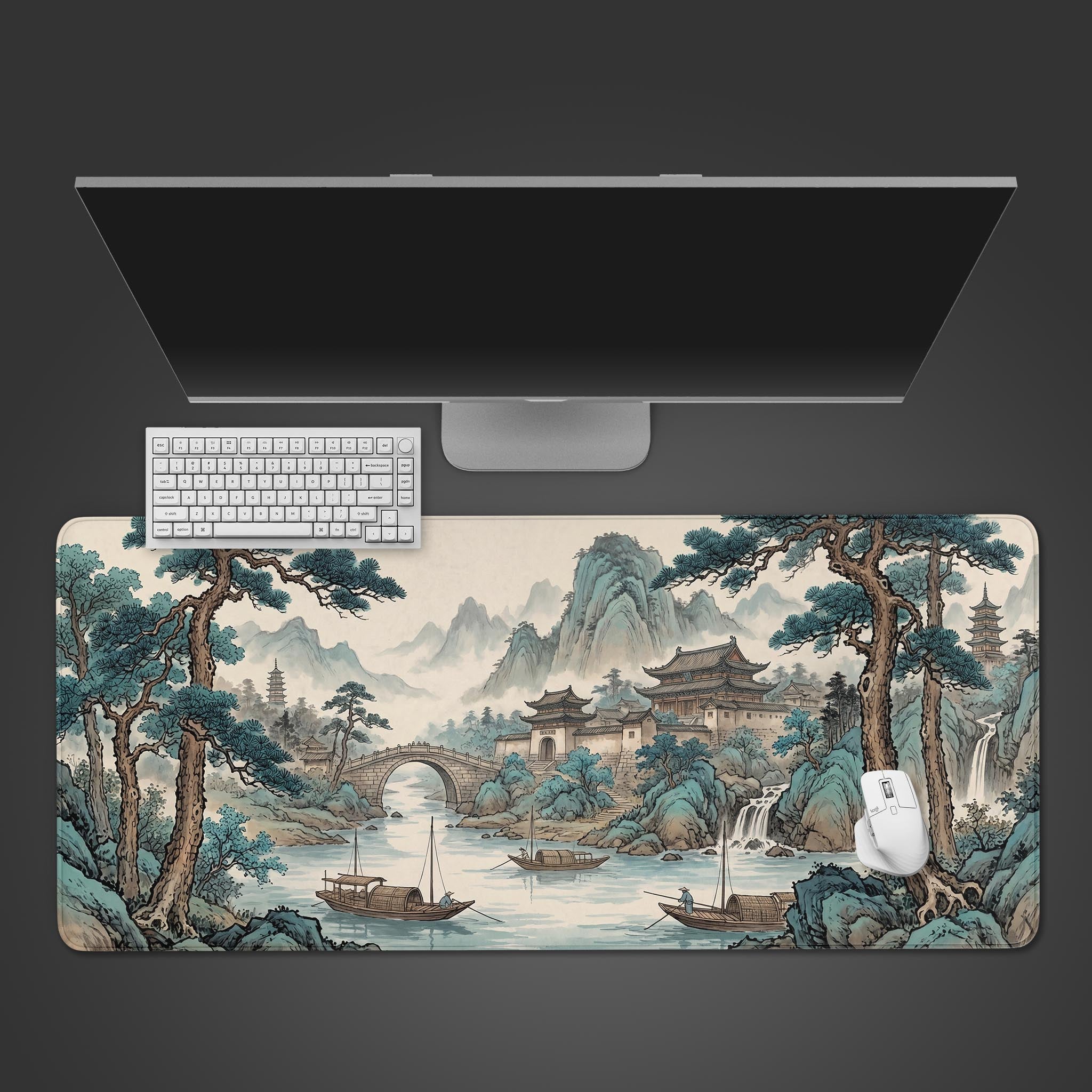Jade River Valley desk mat featuring a traditional Chinese mountain landscape with pagodas and boats.