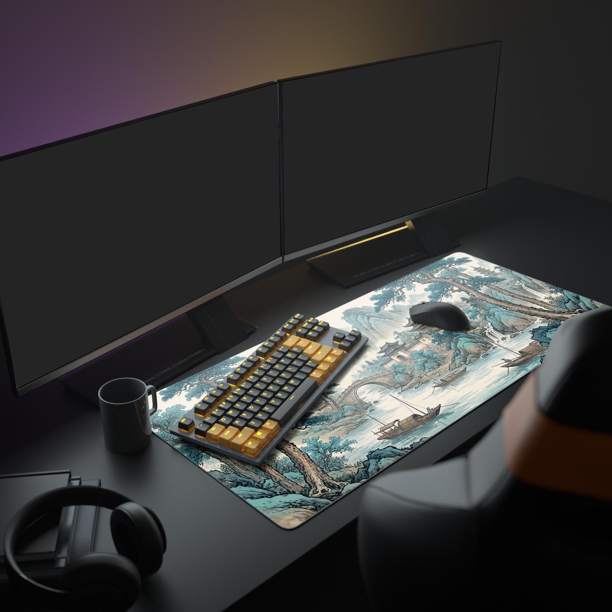 Close-up of the ultra-smooth surface and crisp print detailing the pine trees and river on the desk mat.