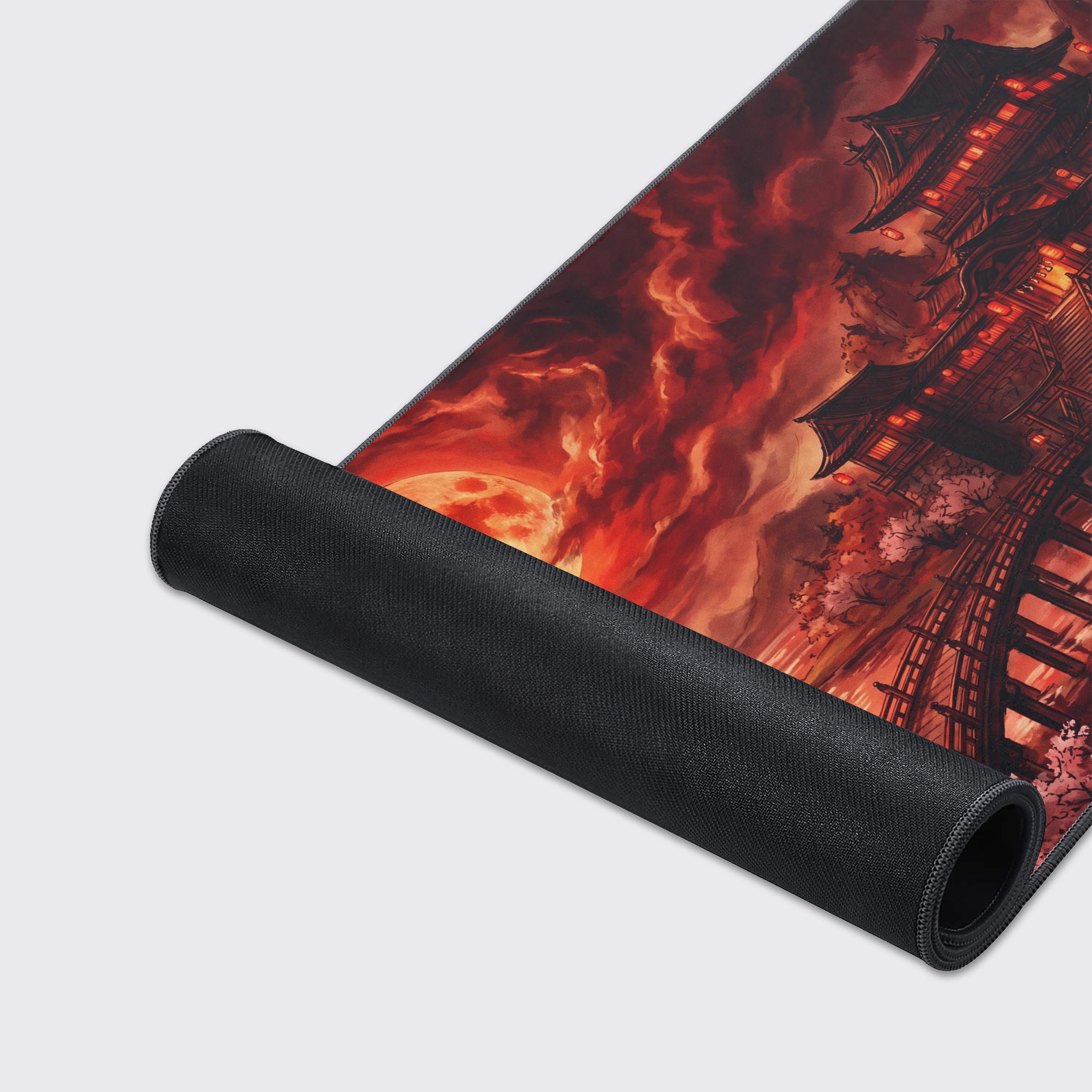 Close up highlighting the crisp and long-lasting edge-to-edge print quality of the Crimson Moon Castle mouse pad.