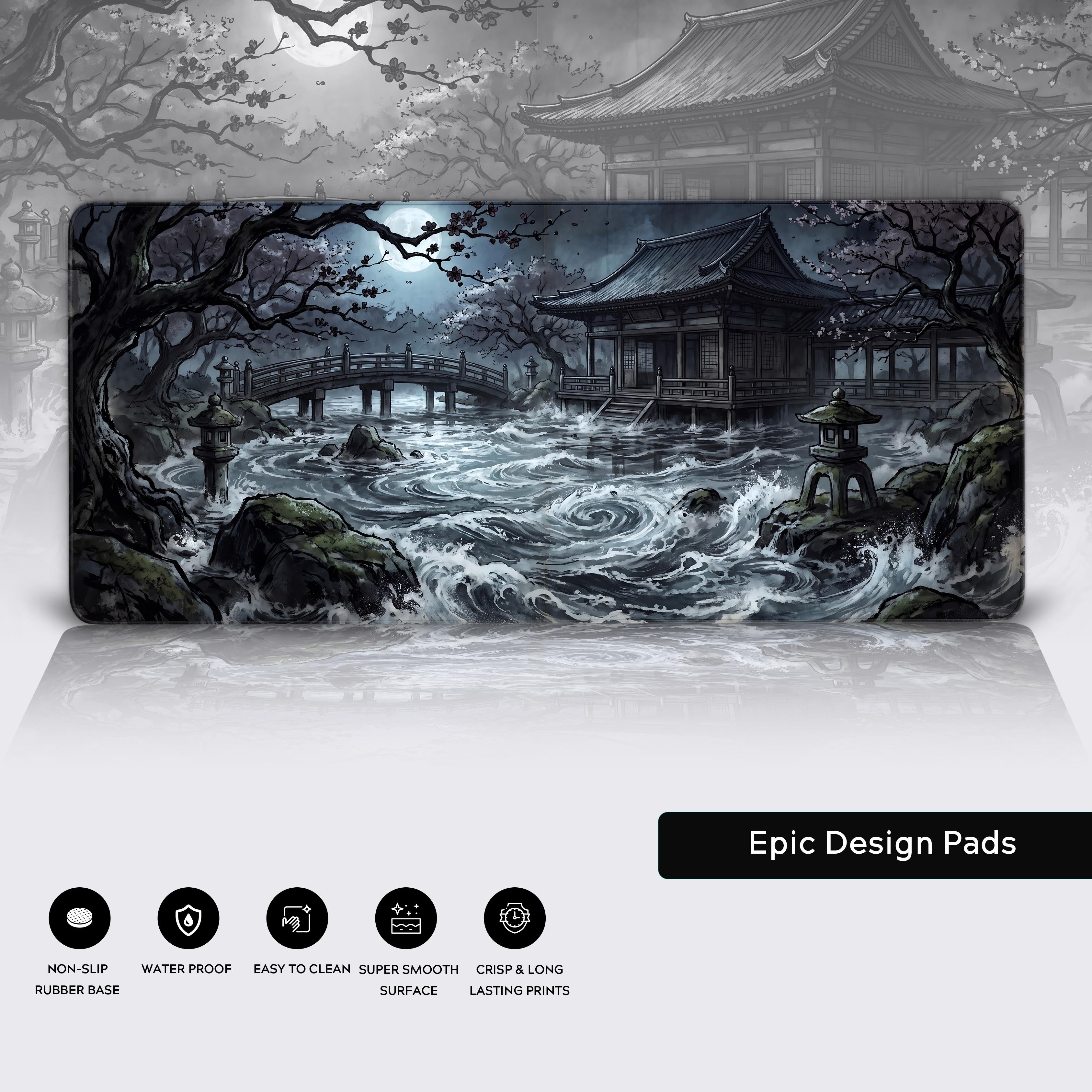 Full view of the dark atmospheric desk mat artwork depicting a traditional East Asian garden at night.