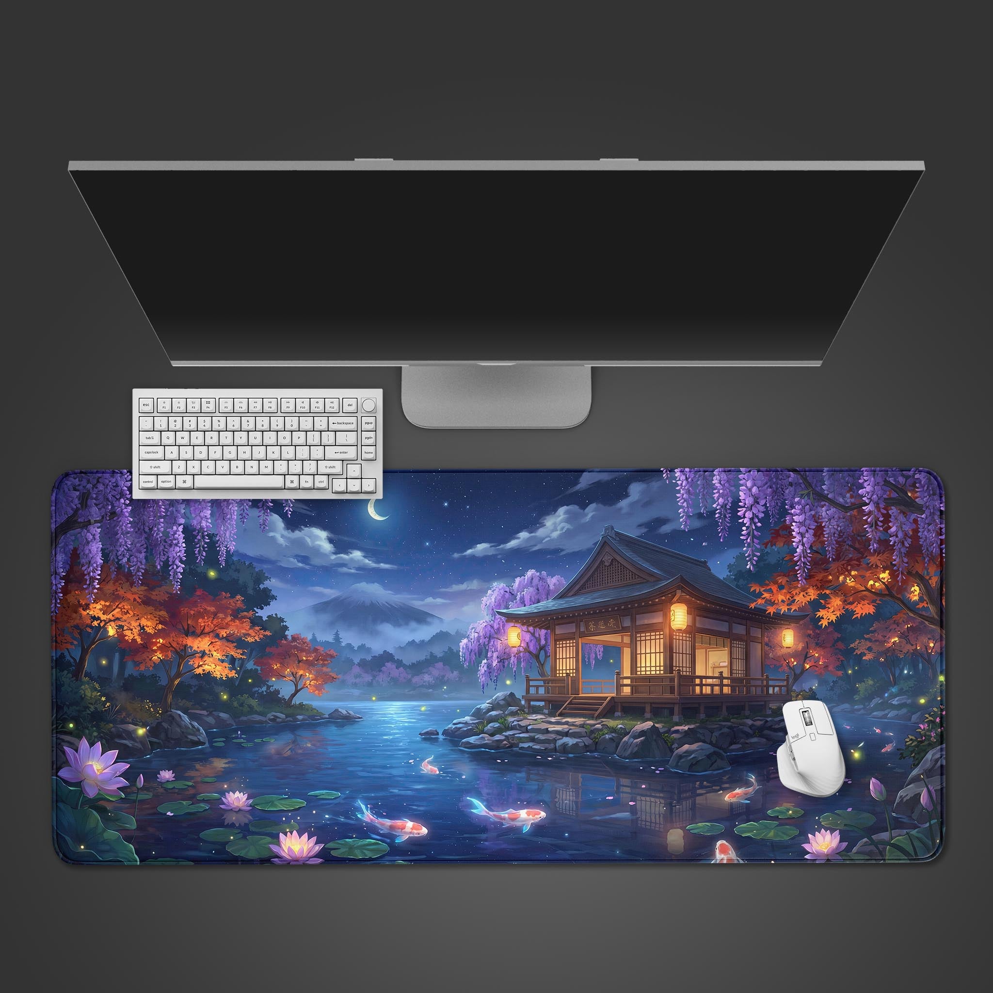 A beautifully illustrated desk mat featuring a traditional Japanese pavilion over a koi pond at night with glowing lanterns and Mount Fuji in the background