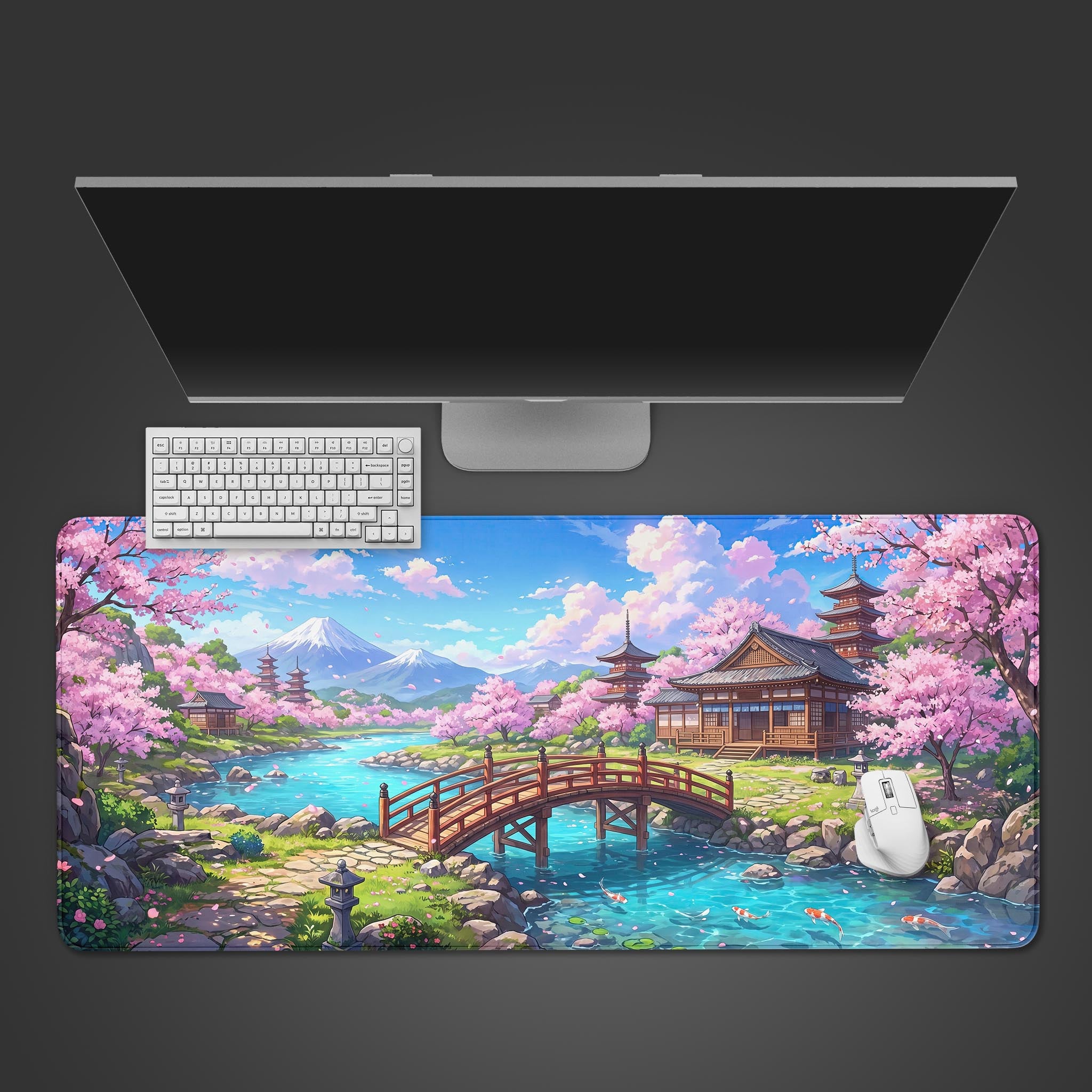 Extended desk mat featuring a vibrant Japanese garden, cherry blossoms, and Mount Fuji.