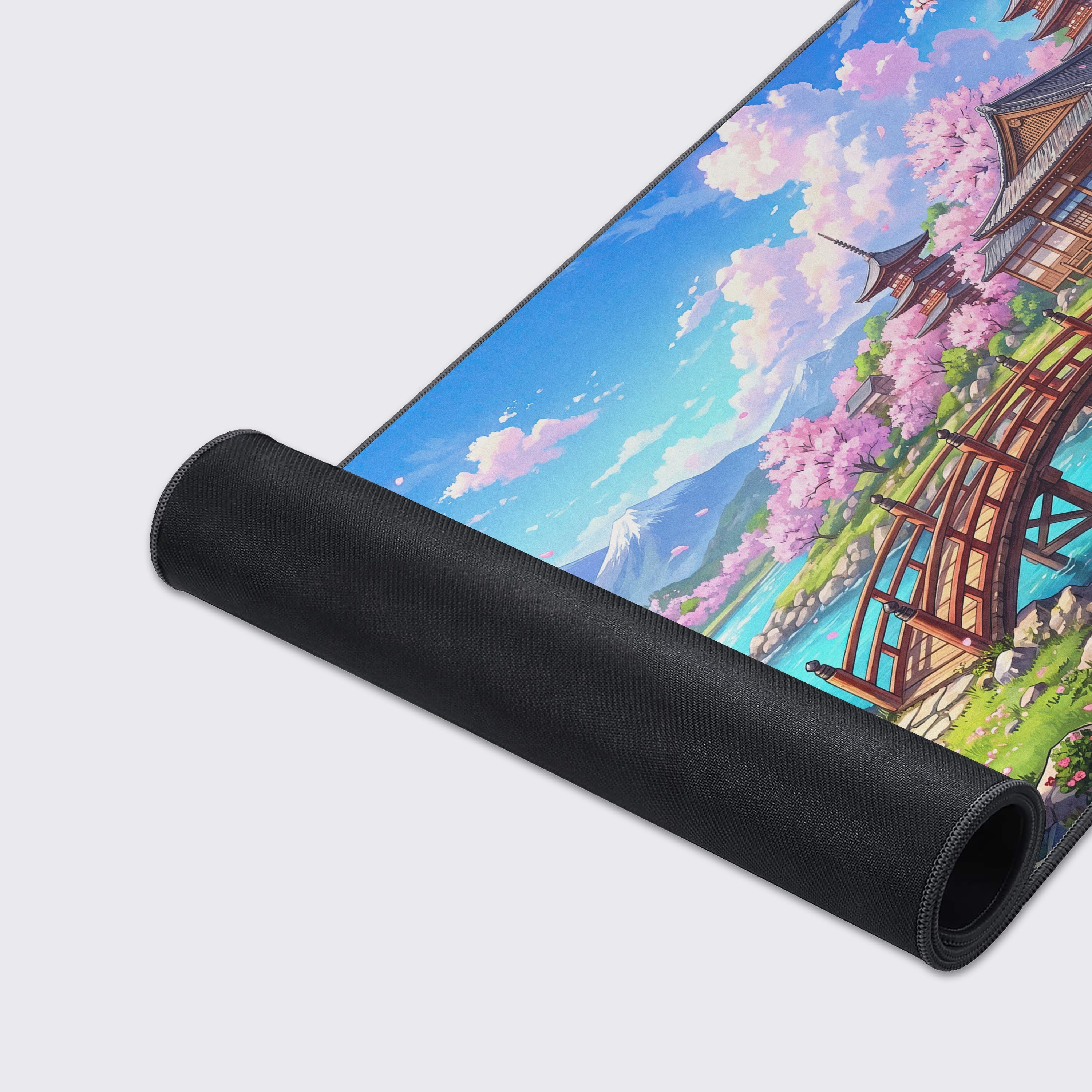 Springtime Fuji gaming mouse pad highlighting non-slip rubber base and waterproof features.