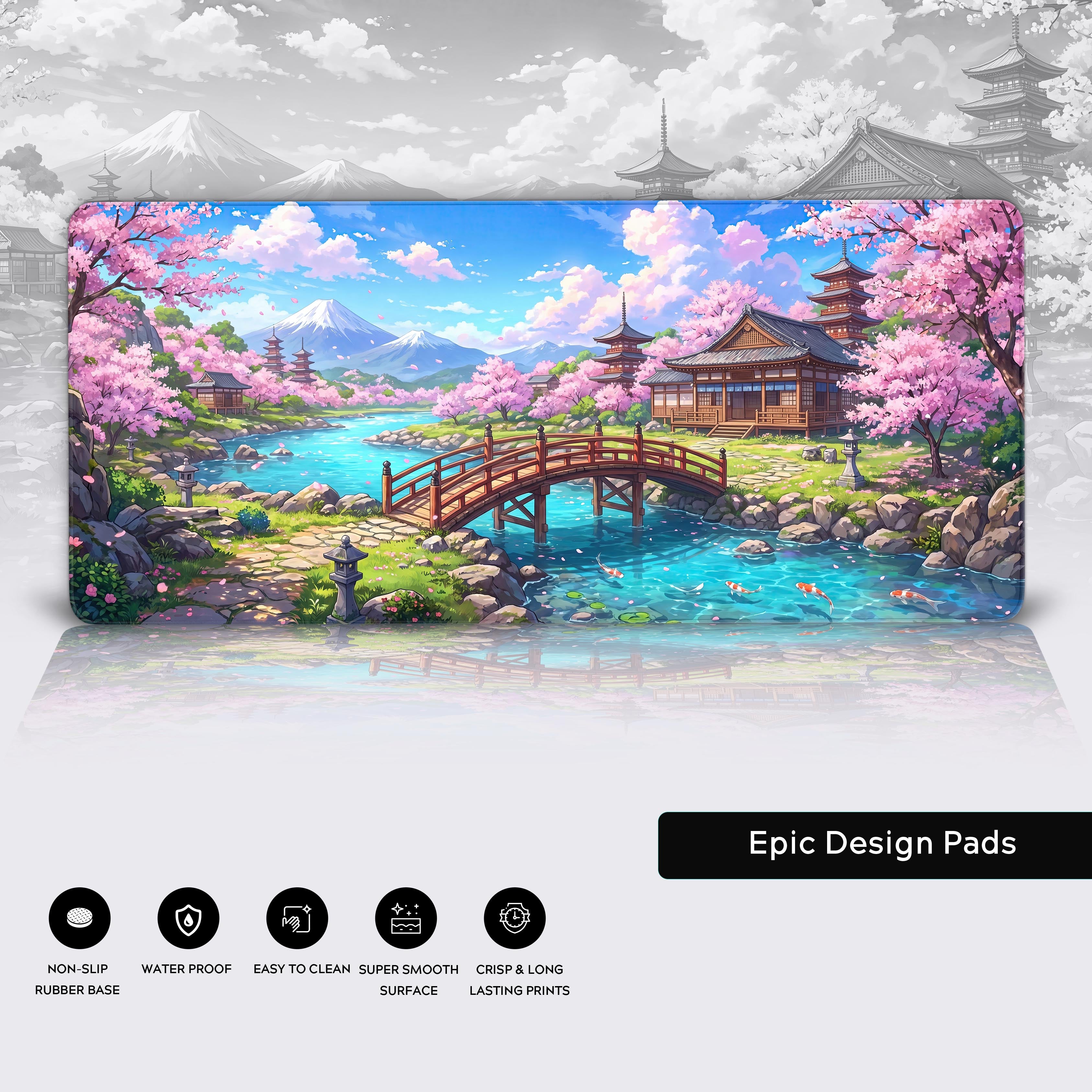 Serene Japanese landscape desk mat anchoring a clean, aesthetic gaming and productivity setup.