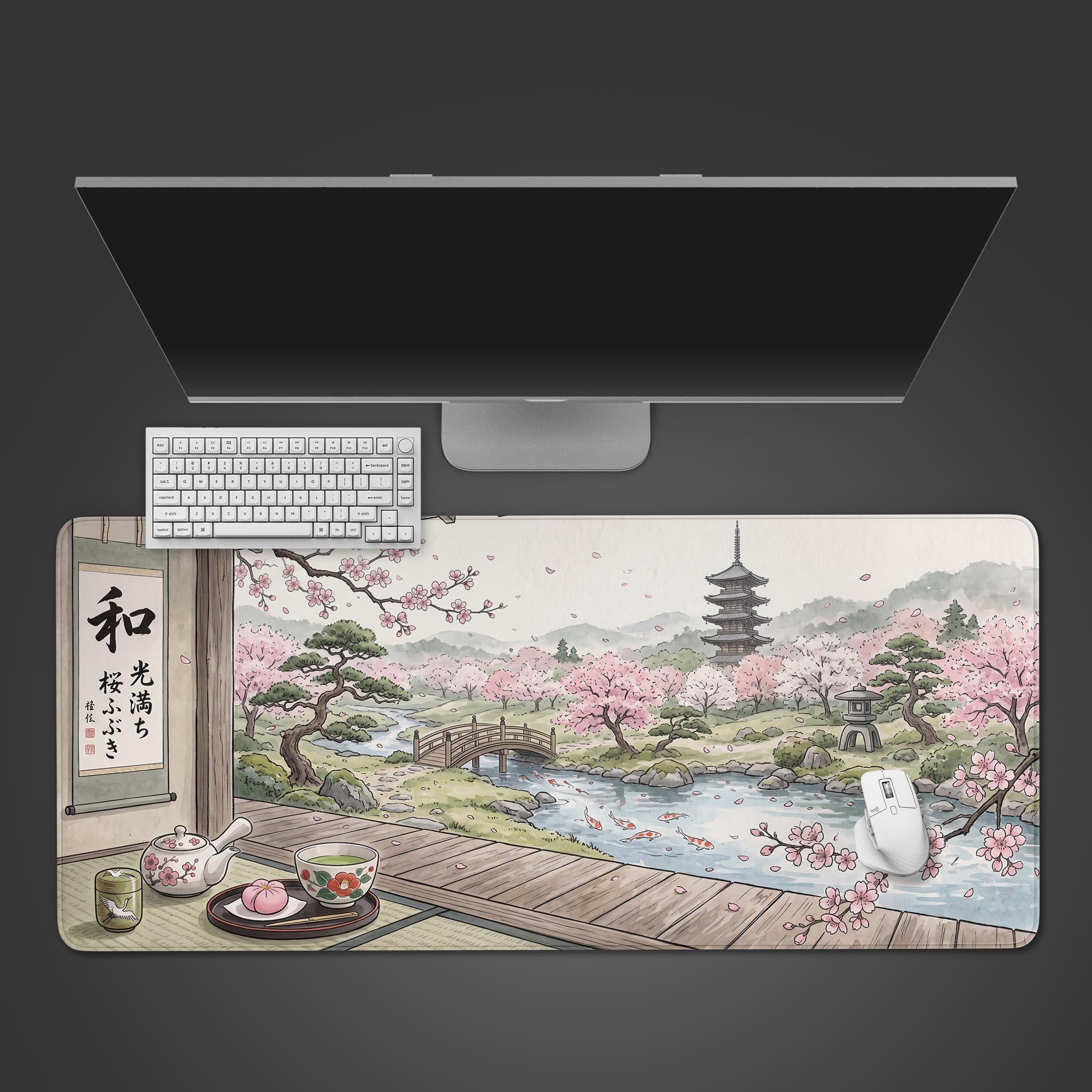 Extended desk mat featuring a serene Japanese garden with cherry blossoms, a koi pond, and a pagoda.