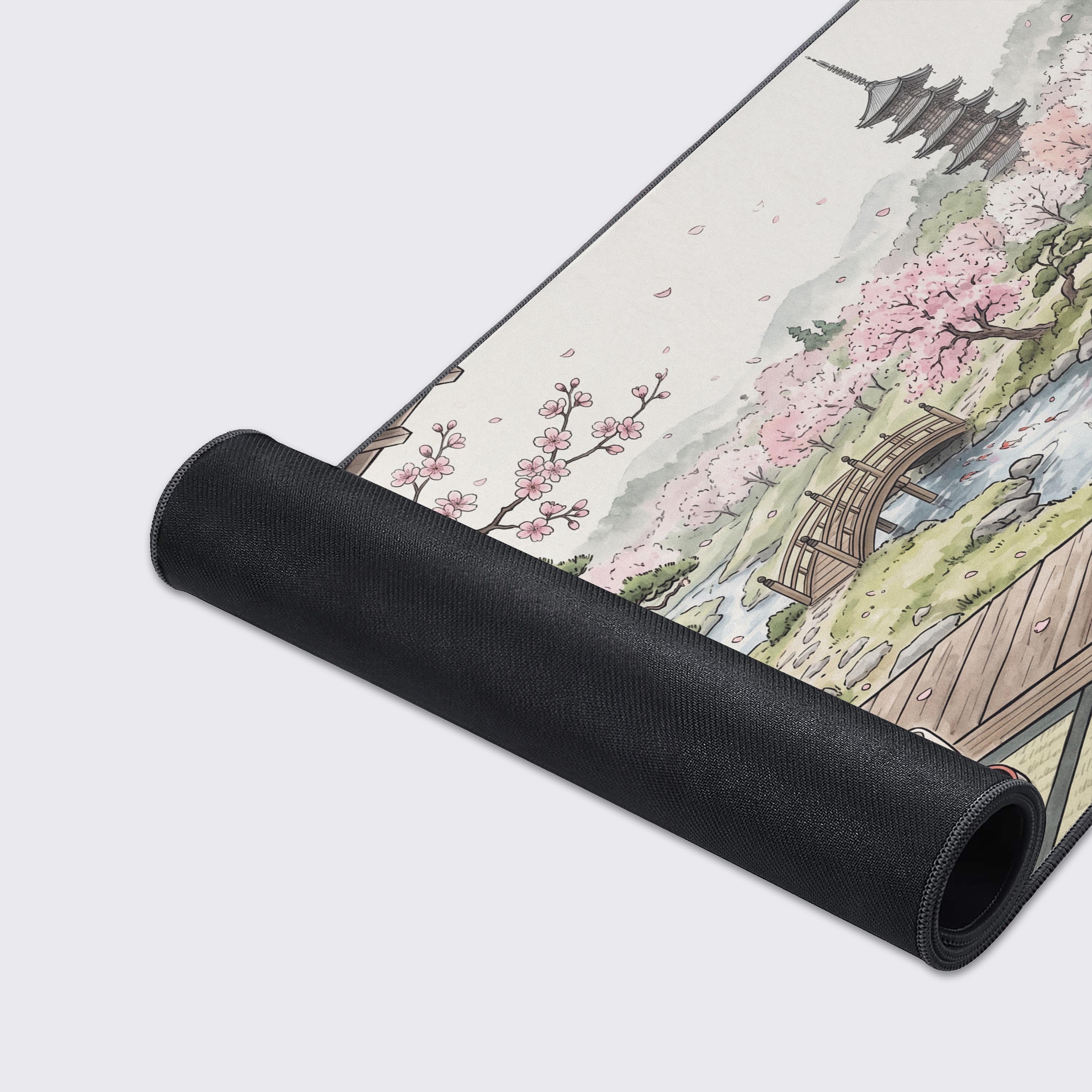 Traditional Japanese room porch with matcha tea overlooking a beautiful spring garden on a gaming desk mat.