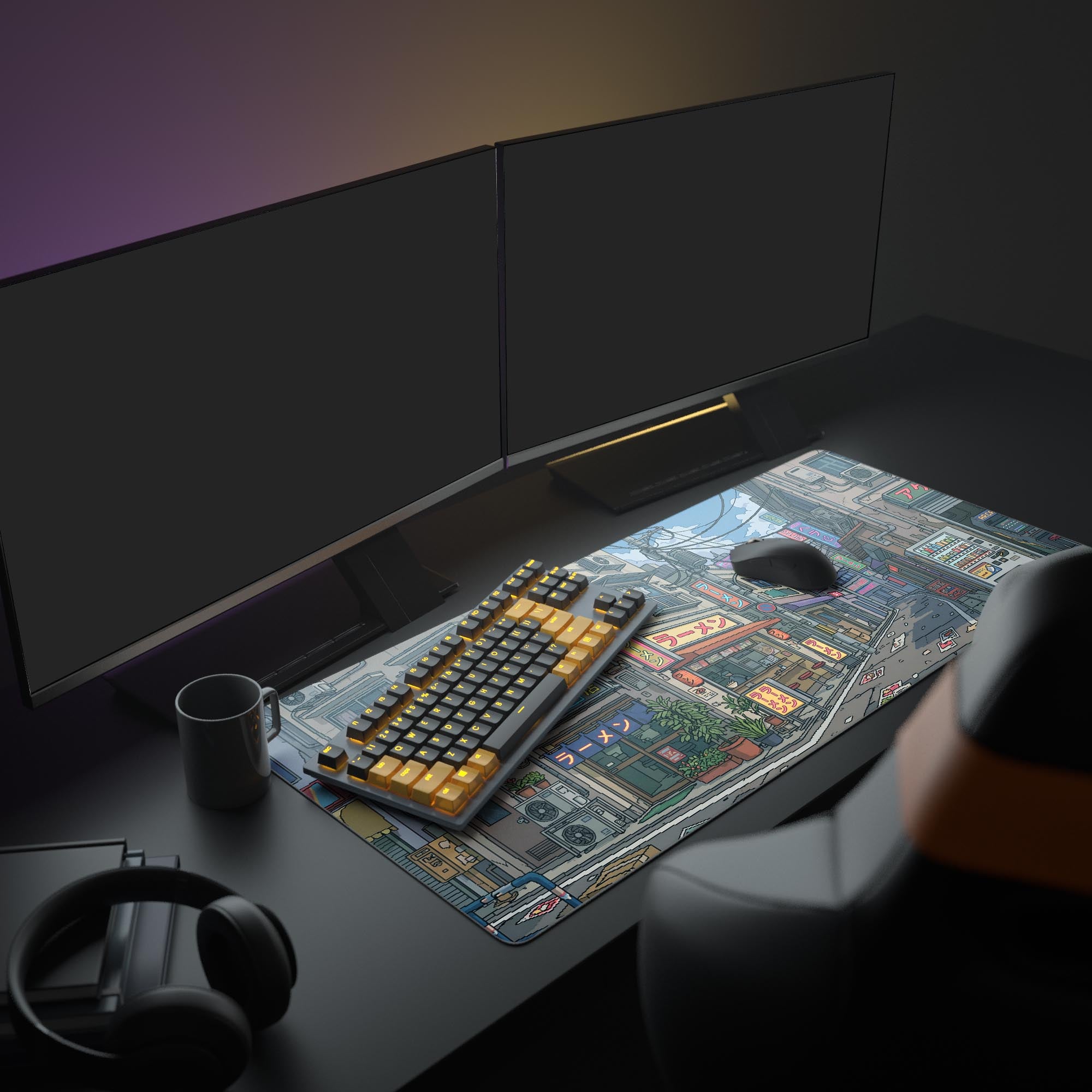 Desk mat artwork detail showing a cozy ramen shop with glowing signs, lanterns, and potted plants.