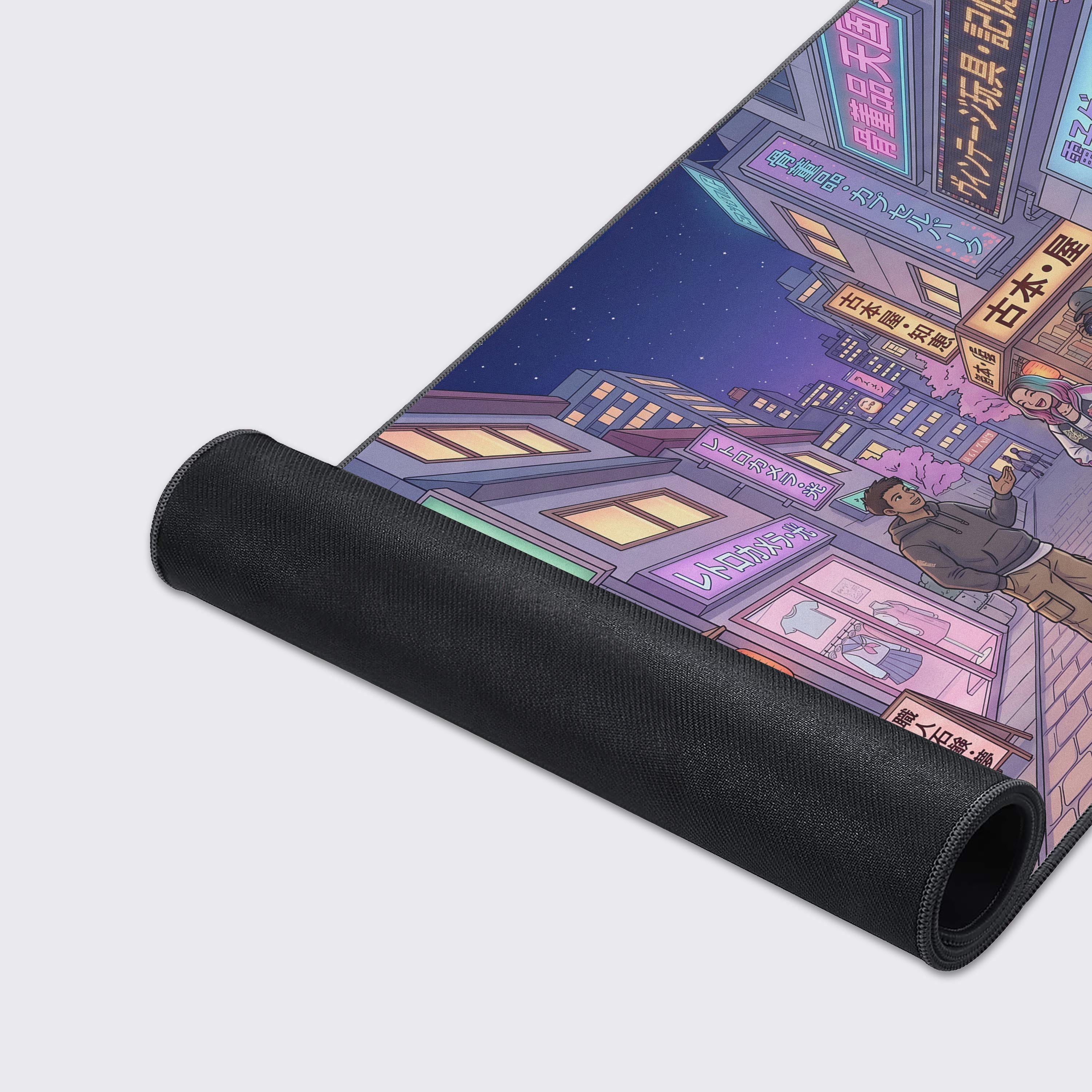 Detailed view of the komainu guardian statue, cherry blossoms, and twilight sky on the lo-fi mouse pad