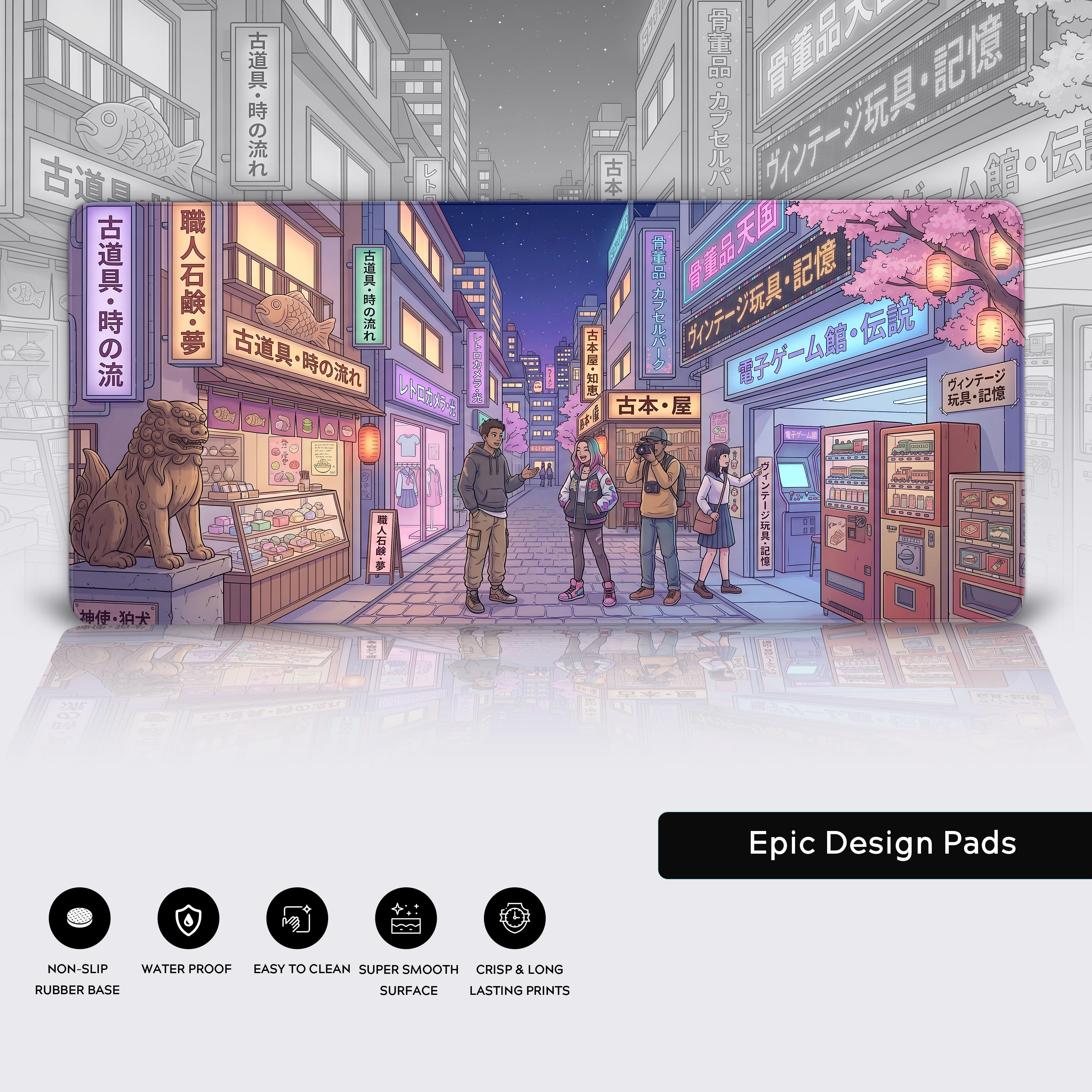Infographic showing desk mat features like non-slip rubber base, waterproof, and super smooth surface