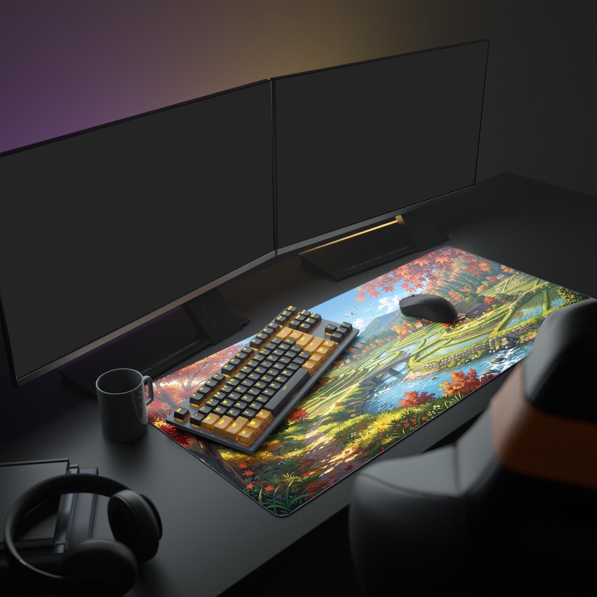 Close-up of traditional thatched-roof houses and red maple leaves on a gaming mouse pad