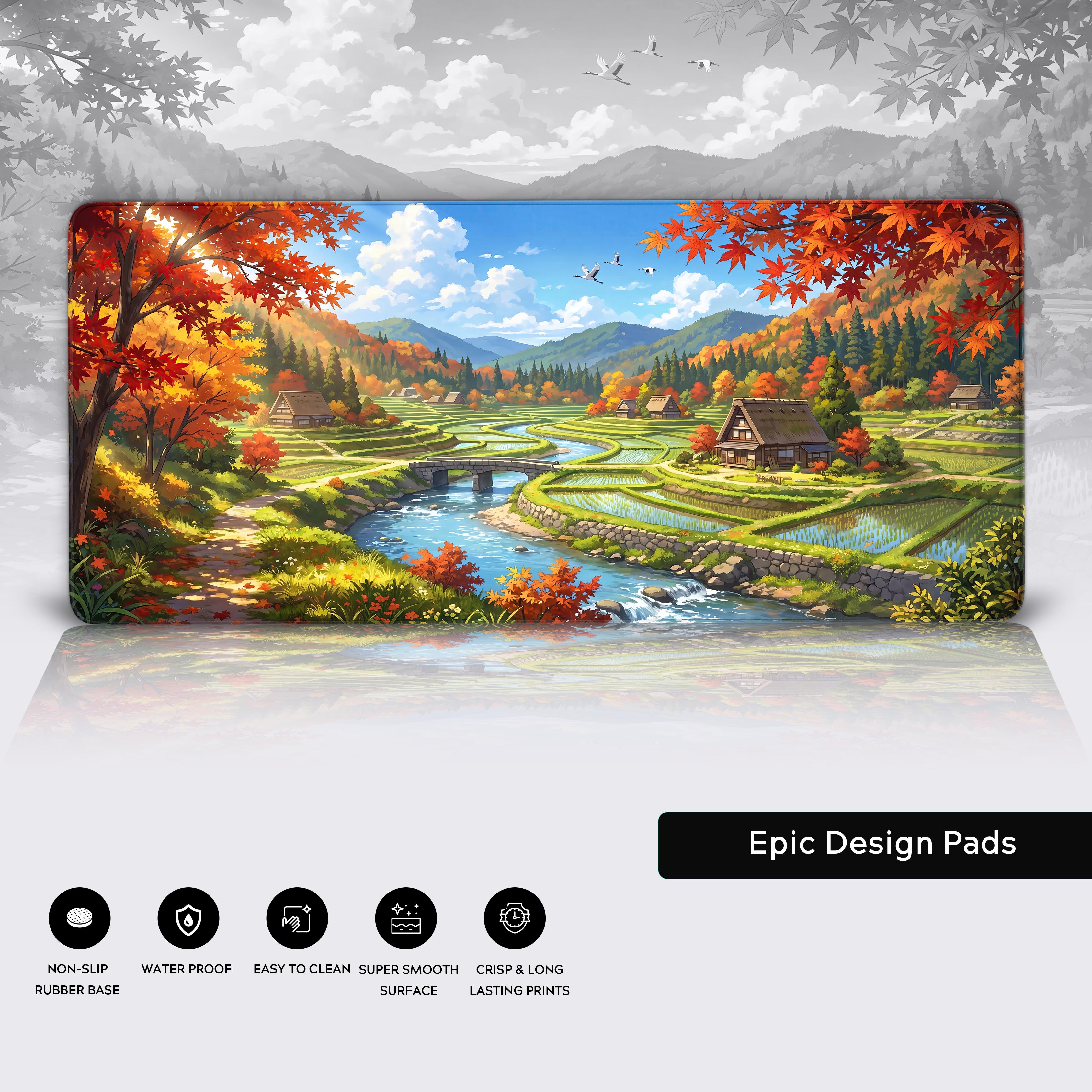 Epic Design Pads Japanese village autumn landscape desk mat in a complete gaming setup
