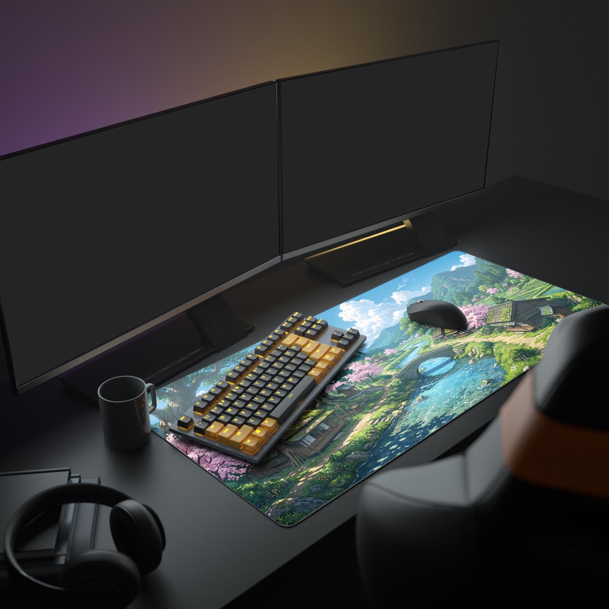 Close up of vibrant pink sakura trees and a stone bridge on a gaming mouse pad.