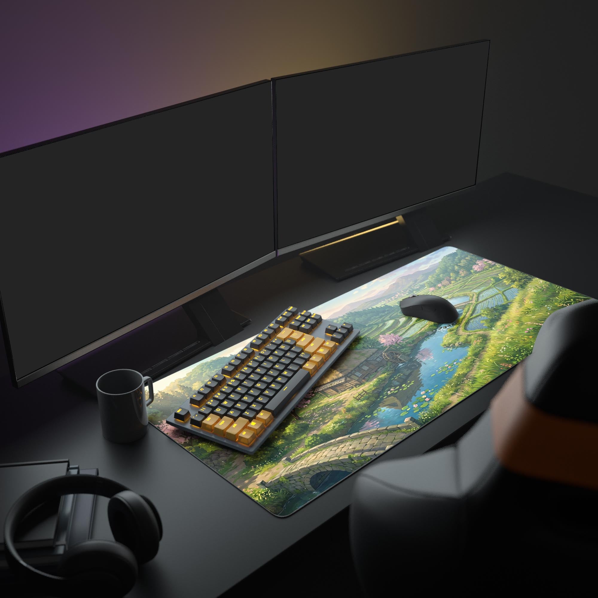 Close-up of the smooth surface on the spring village mouse pad showing crisp details of the meandering river and stone bridge.