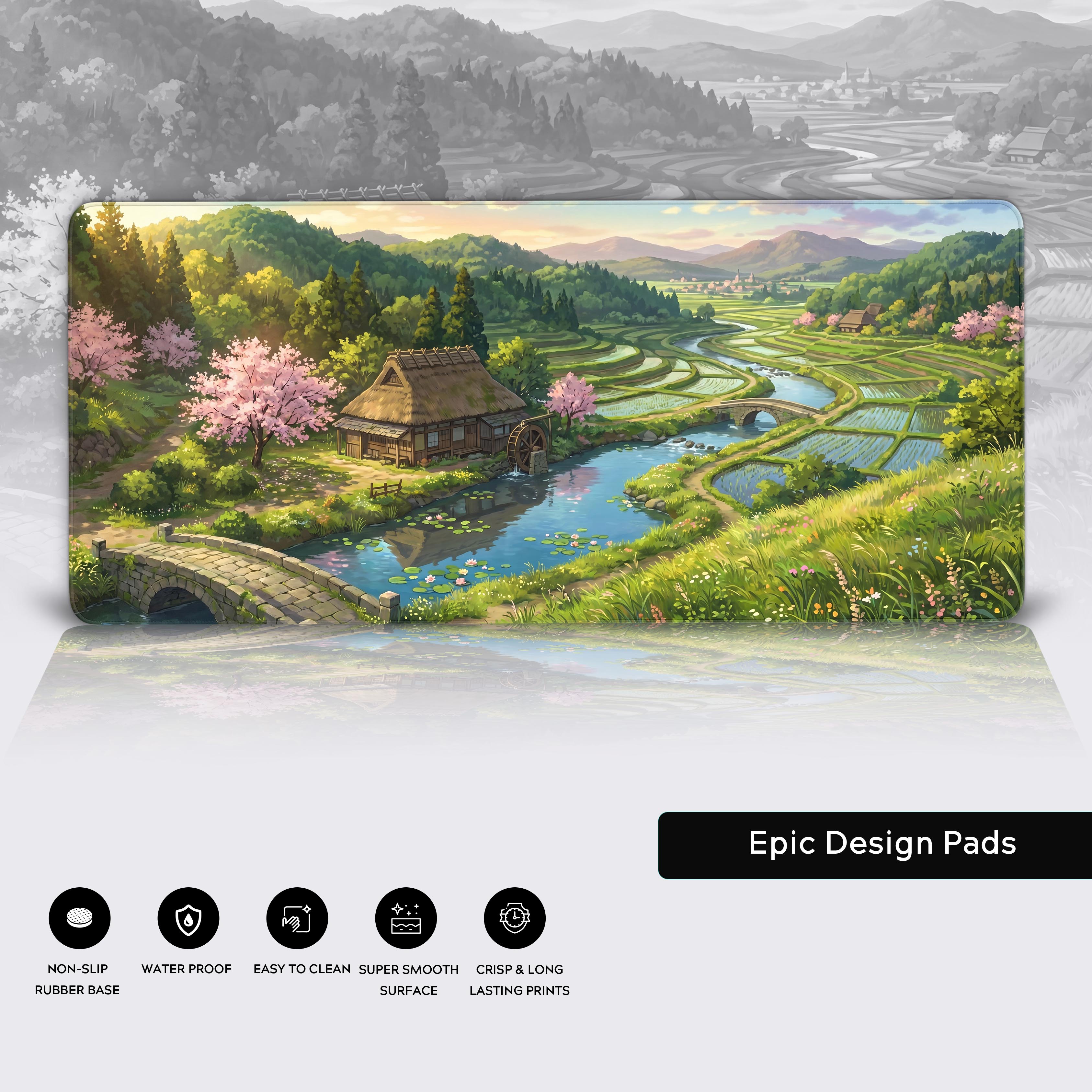 Product feature icons for the desk mat highlighting a non-slip rubber base, waterproof surface, and crisp long-lasting prints.