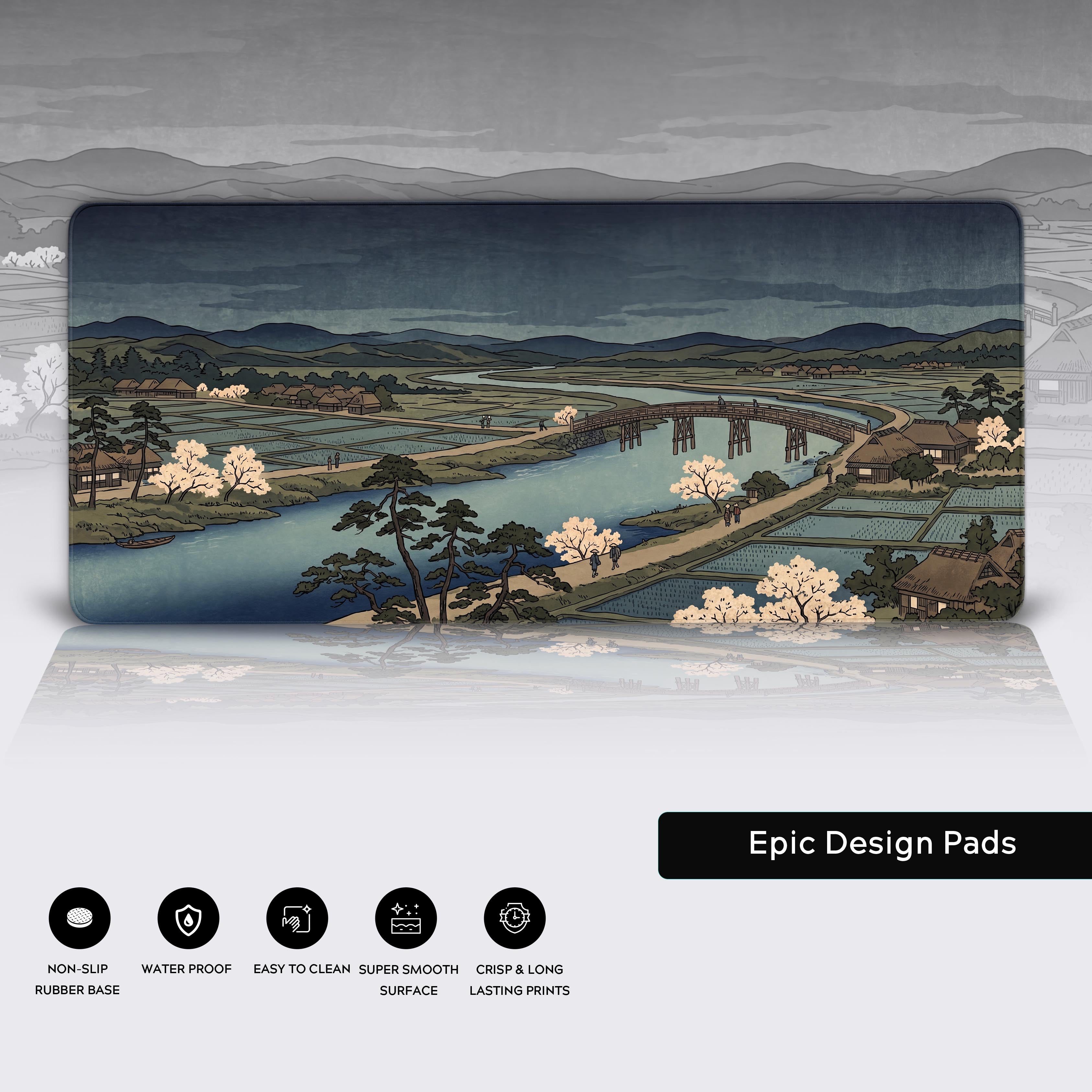 The Japanese Ukiyo-e river landscape mouse pad laid out flat showcasing its full panoramic artwork
