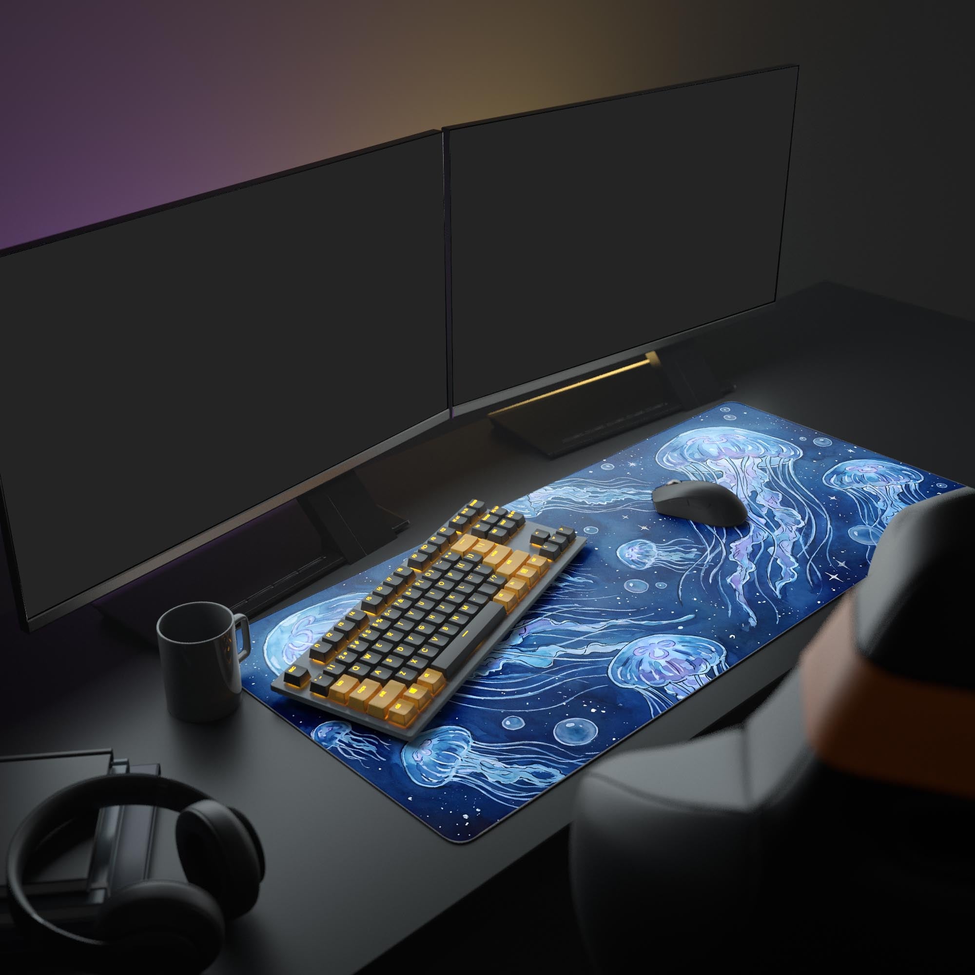 Close-up of the ethereal blue and purple jellyfish art on a smooth gaming mouse pad surface