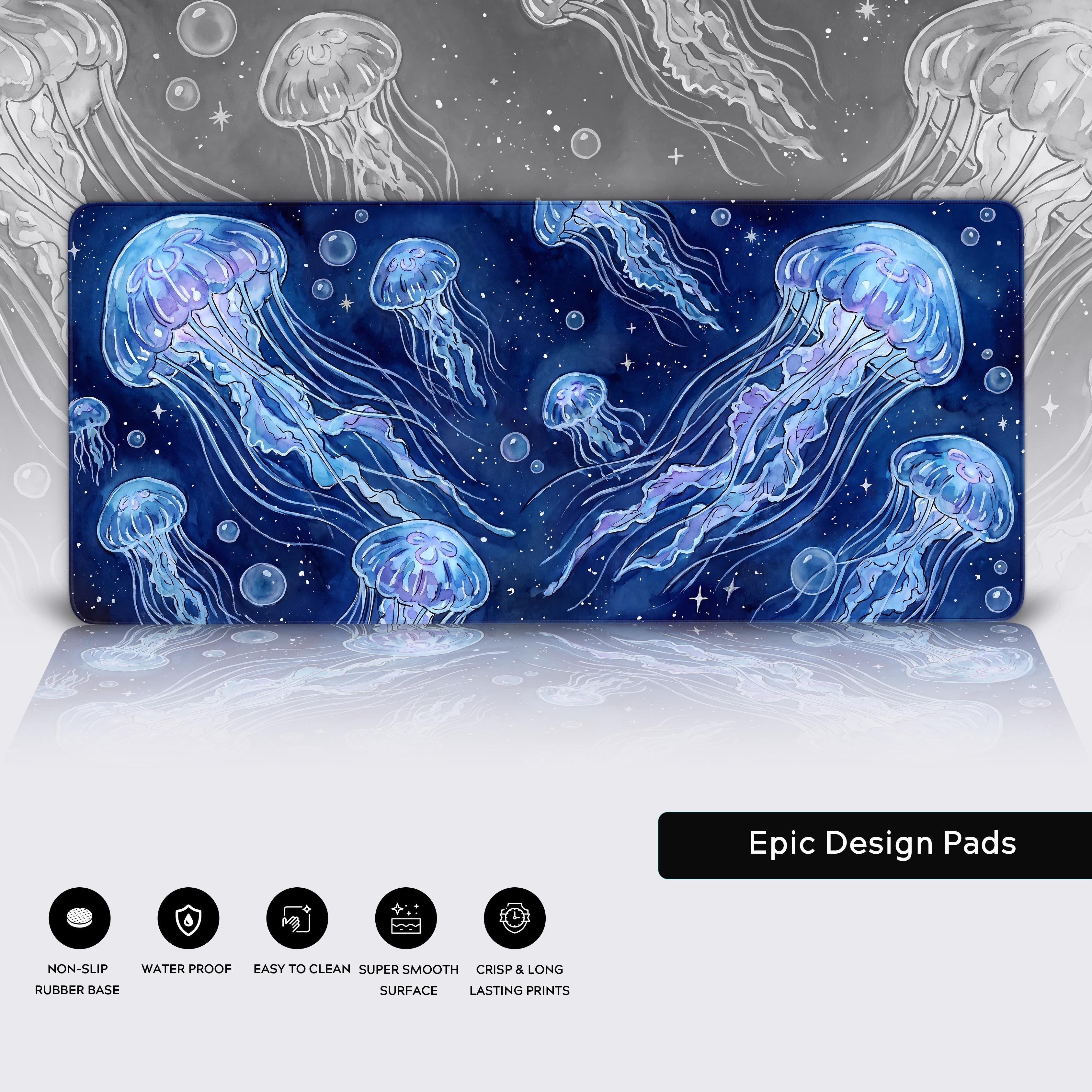 Epic Design Pads glowing jellyfish extra large desk mat shown with its vibrant and crisp artistic print