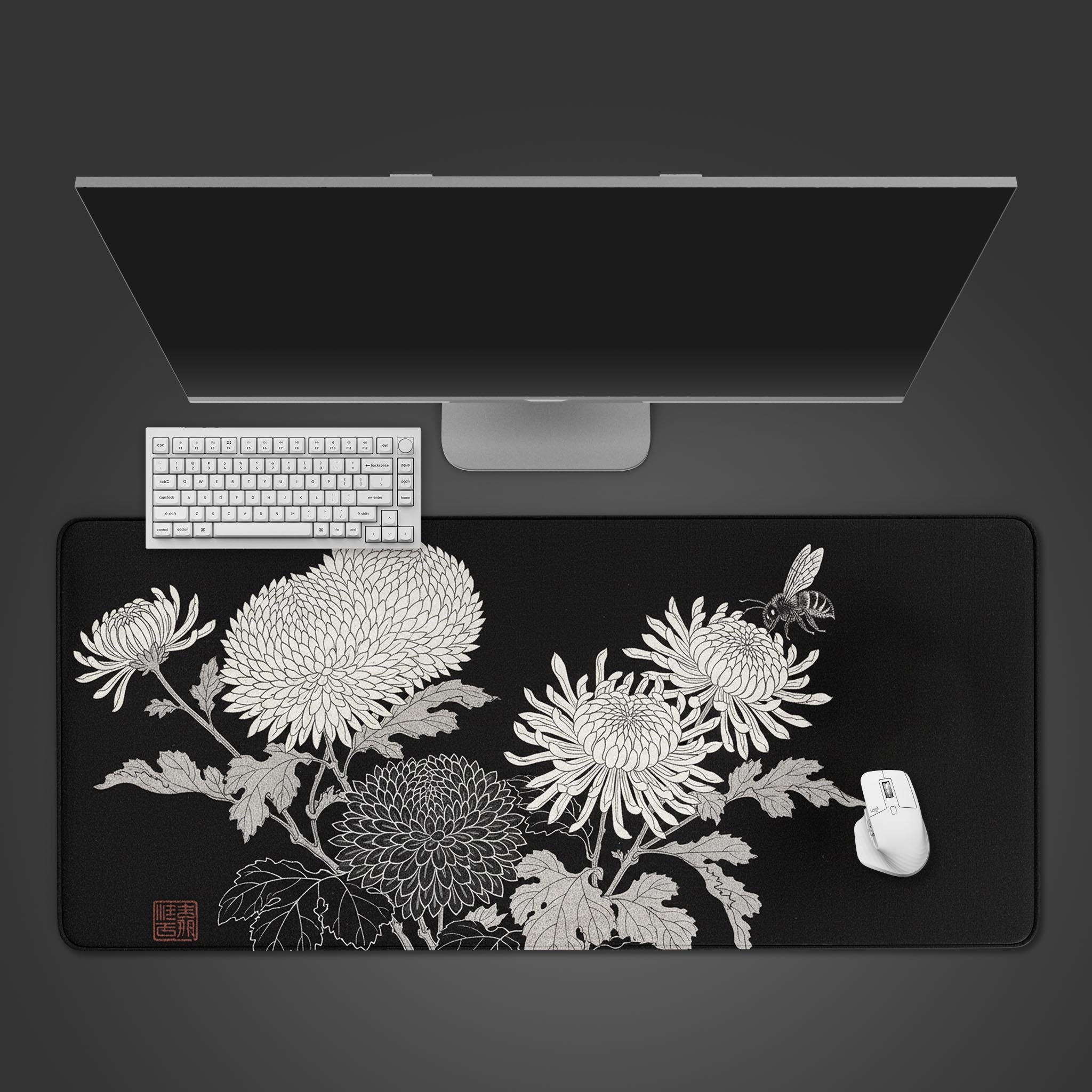Kiku Bloom Japanese desk mat with chrysanthemum Ukiyo-e art. Top-down view of the black and white design with a keyboard and mouse. - Epic Design Pads