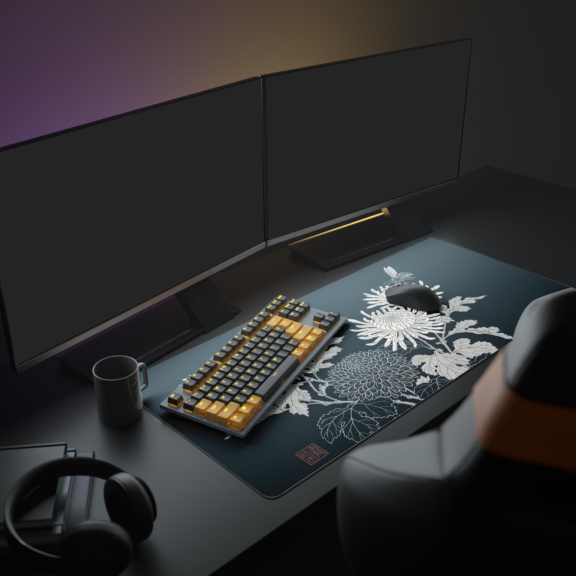 Large Kiku Bloom Ukiyo-e desk mat in an aesthetic desk setup with dual monitors, mechanical keyboard, and headphones. - Epic Design Pads