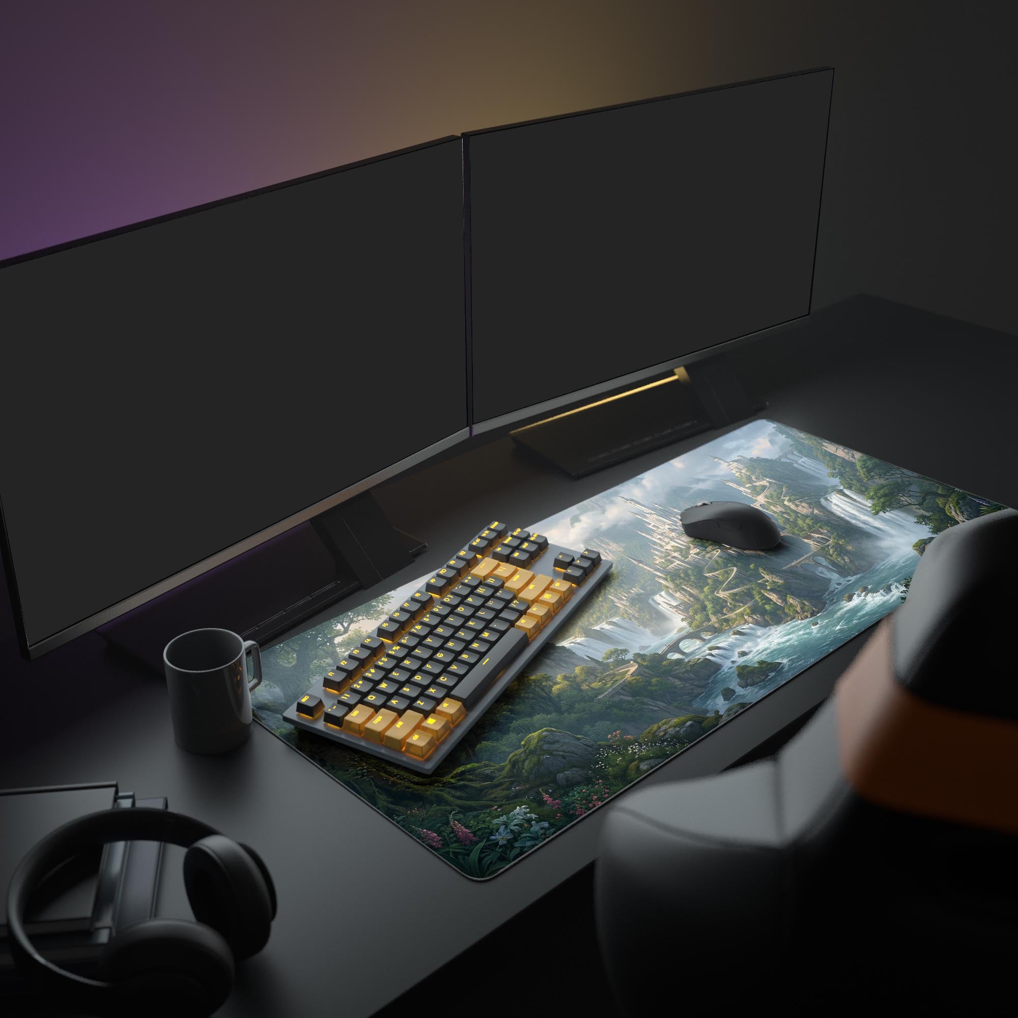 A full gaming setup featuring the Kingdom of Falls XL mouse pad, with its vibrant waterfall and castle art unifying the look of the monitors and peripherals. - Epic Design Pads & Mousepads