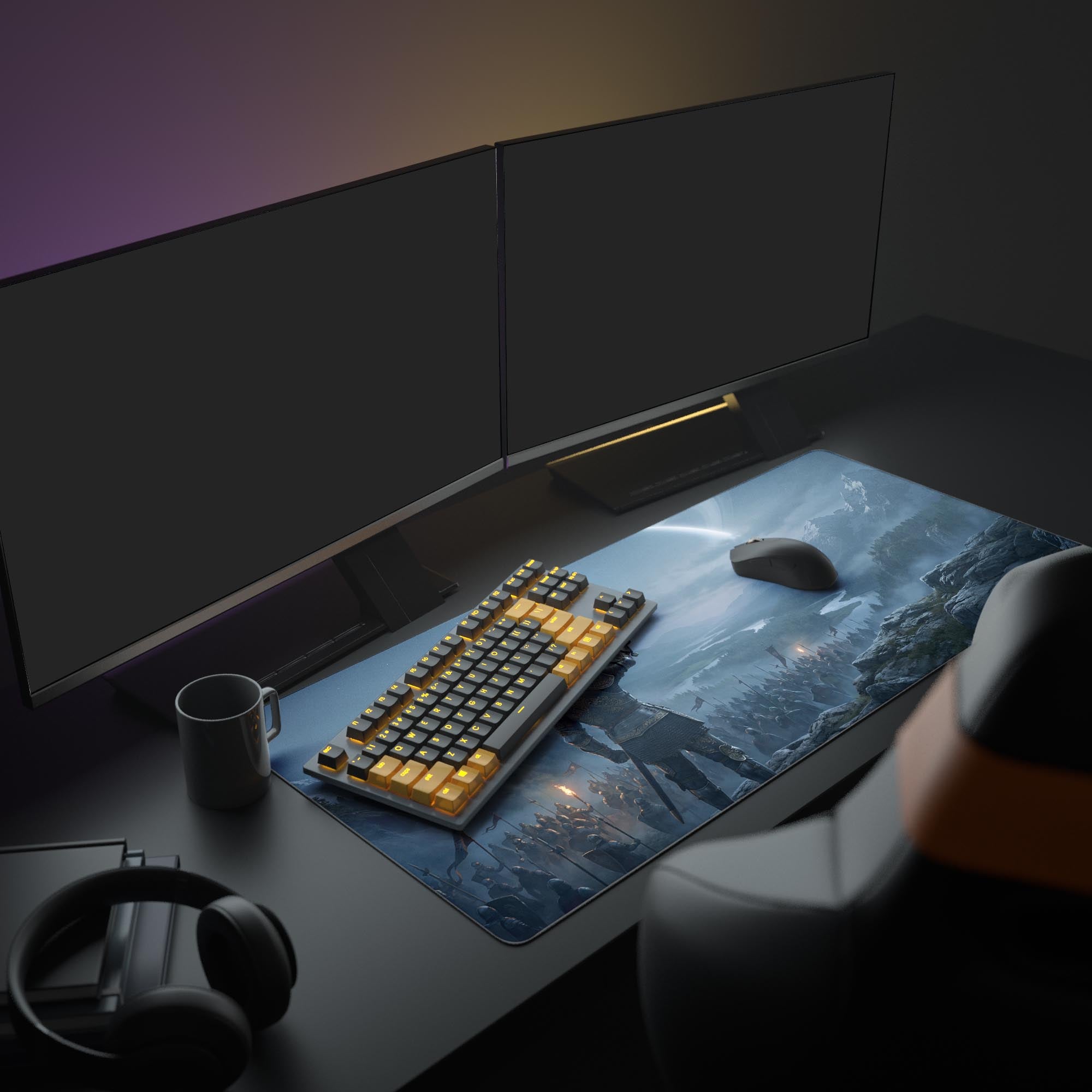 A full gaming setup featuring the King's Vanguard XL mouse pad, with multiple monitors and RGB lighting, creating an immersive, epic fantasy workspace. - Epic Design Pads & Mousepads