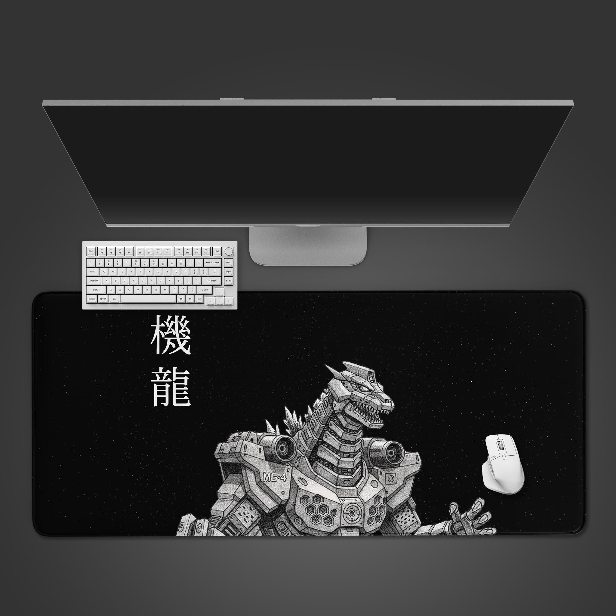 Kiryu MechaGodzilla gaming desk mat with detailed robot line-art design, shown from a top-down view with a black keyboard and mouse. - Epic Design Pads
