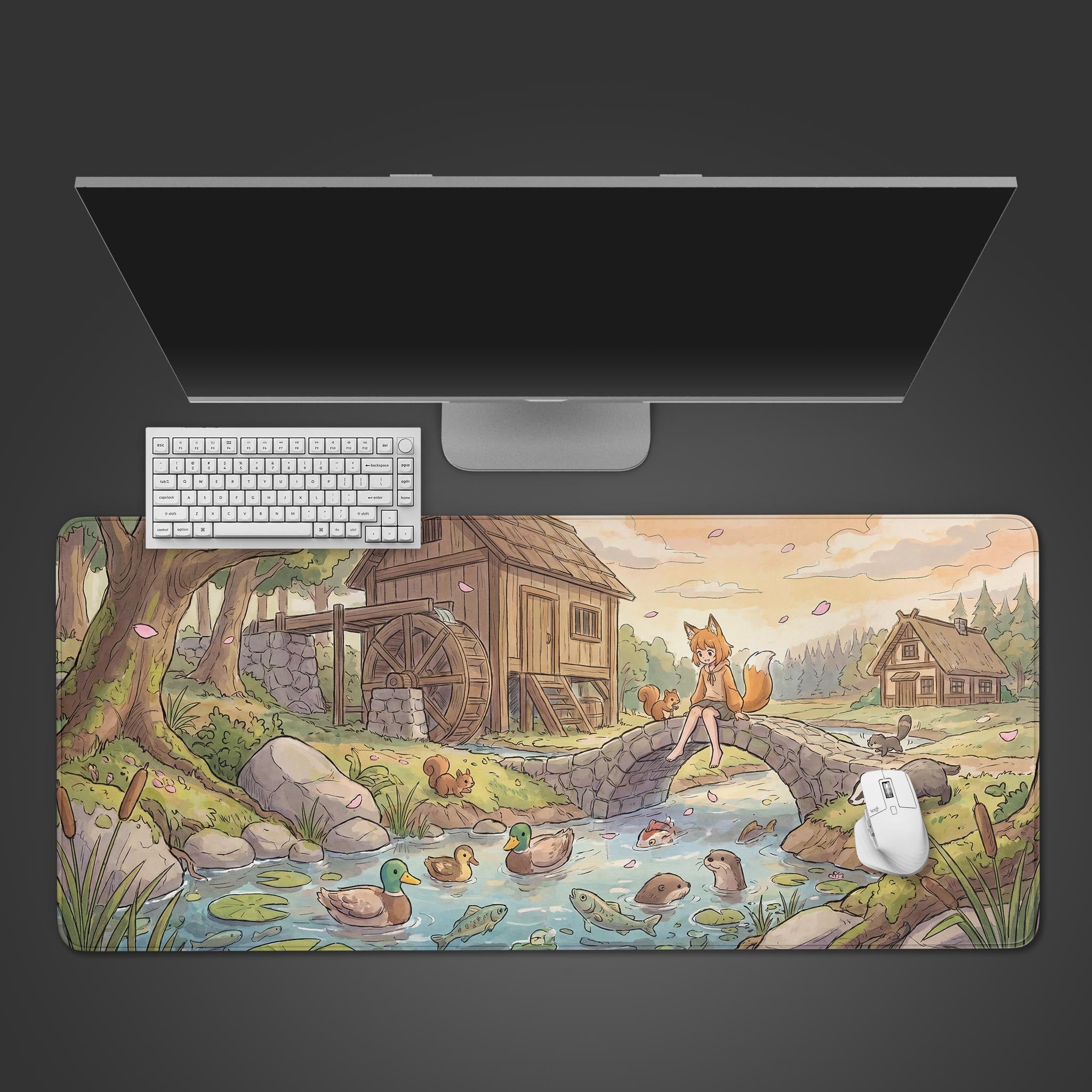 Kitsune River Retreat pastoral anime desk mat featuring a fox girl resting by a watermill