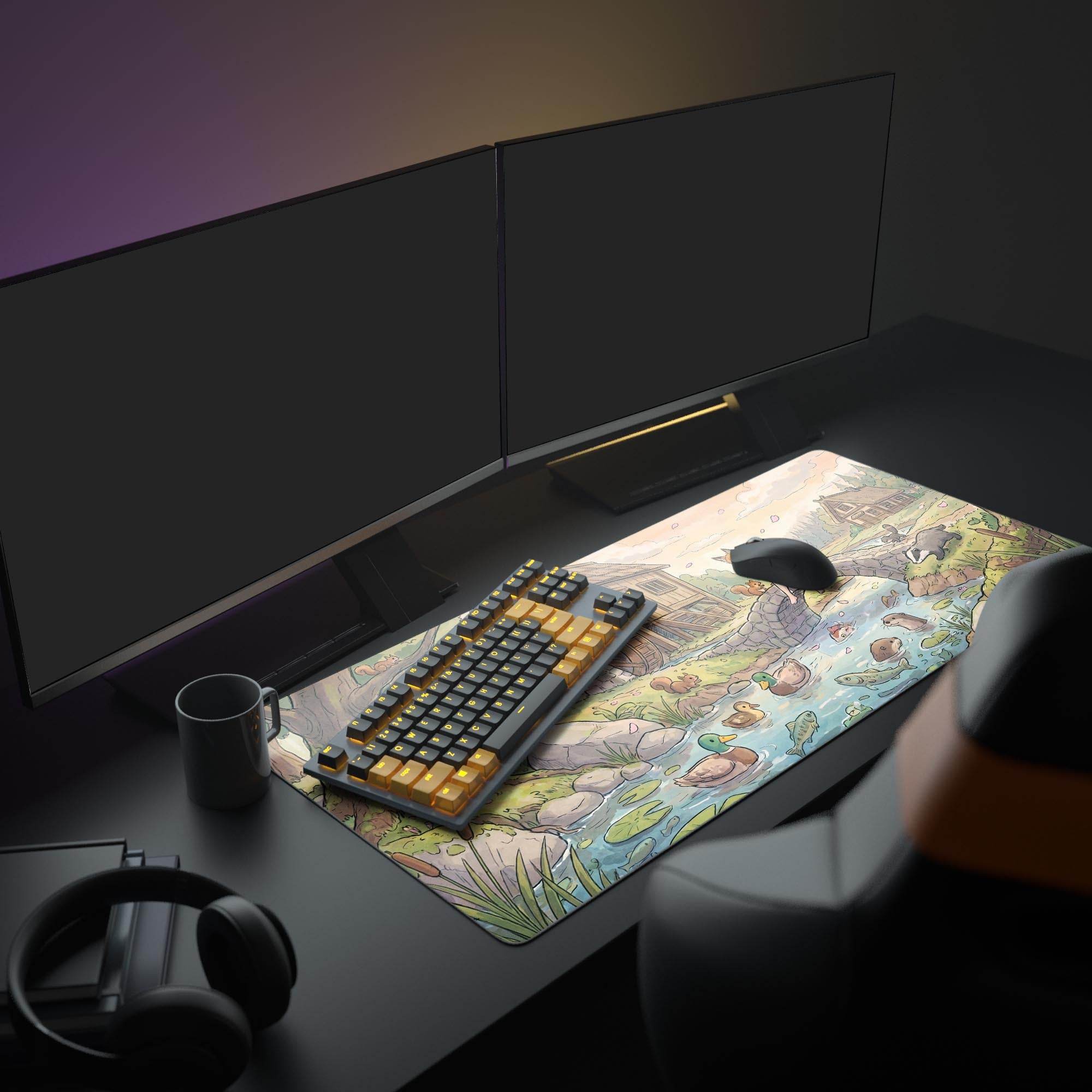 Detailed view of woodland animals and cozy anime village artwork on a smooth gaming mouse pad