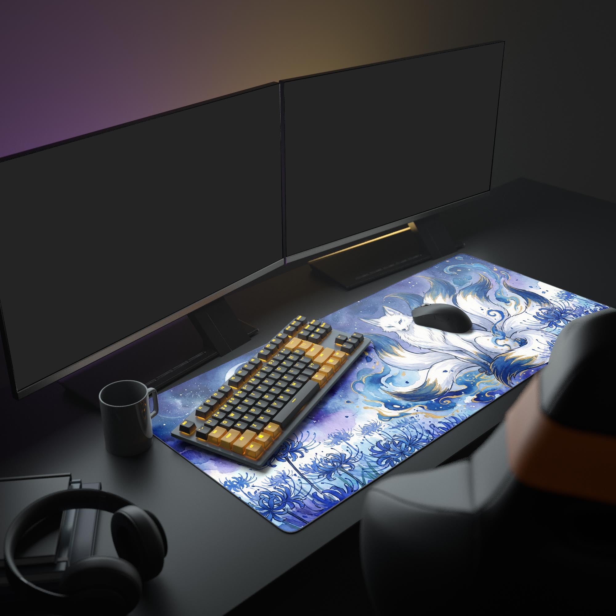 Close-up of the ethereal watercolor celestial sky and golden accents on the Kitsune mouse pad.
