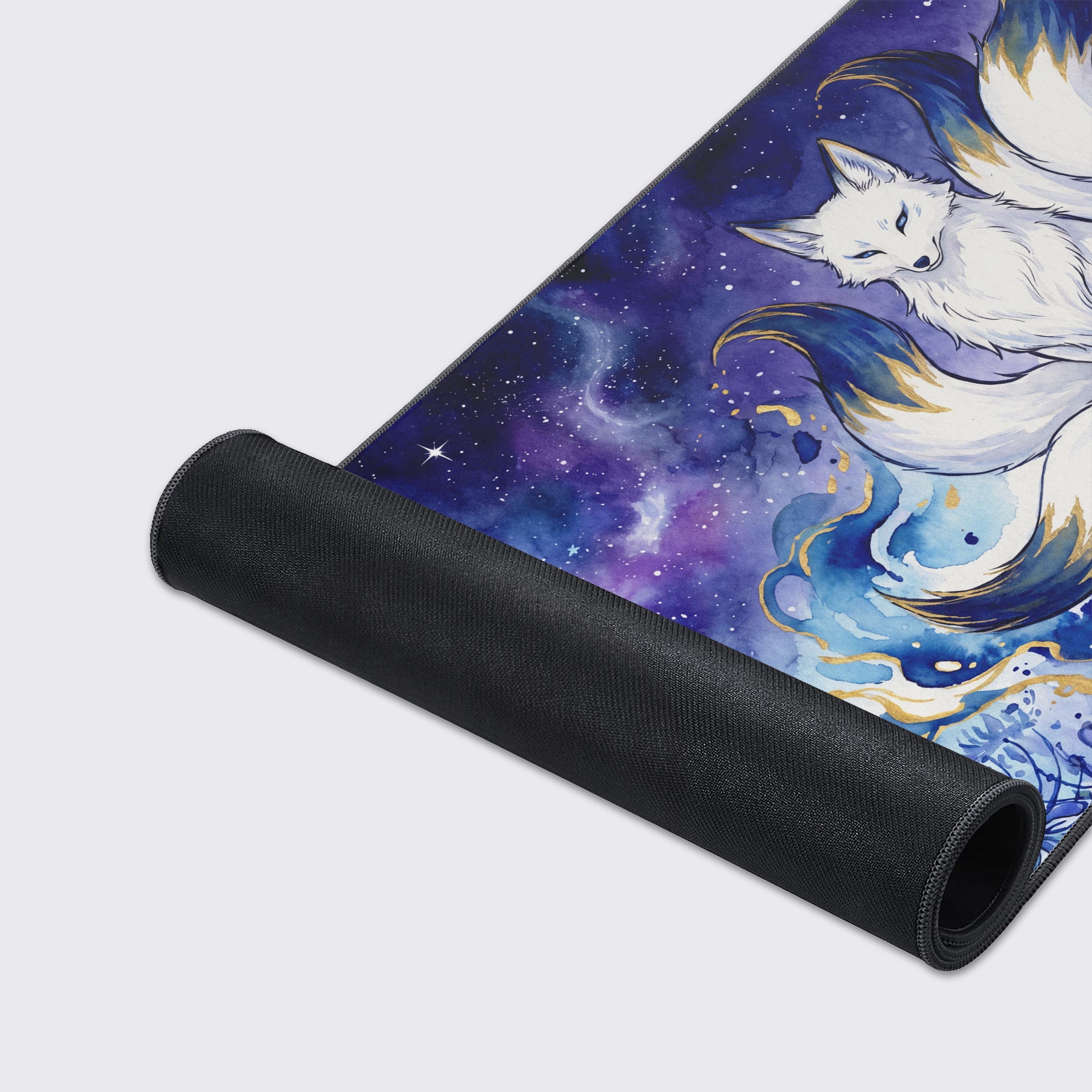 Features of the fantasy desk mat showcasing non-slip rubber base, waterproof surface, and crisp prints.