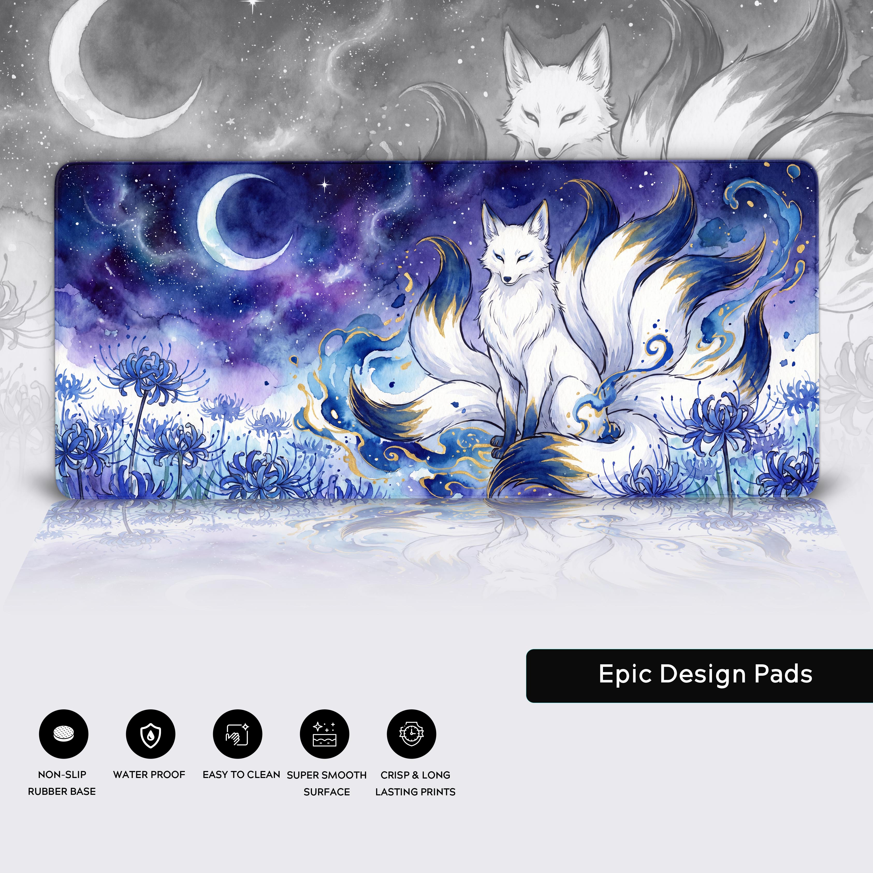 Epic Design Pads Celestial Kitsune gaming mat elevating a magical desk setup.