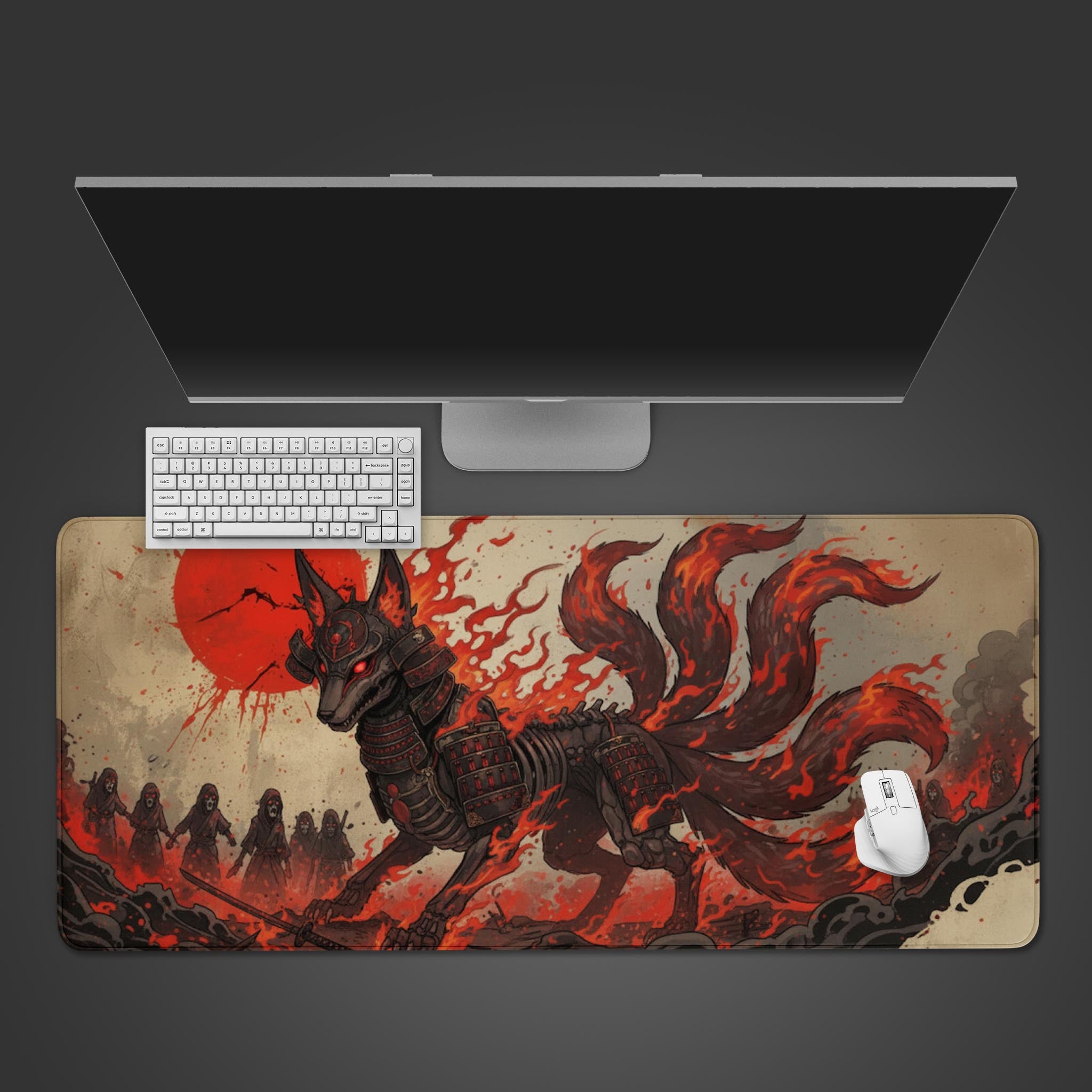 Kitsune Shogun gaming desk mat with Japanese fox samurai design – top-down view on a desk with a keyboard and mouse. - Epic Design Pads