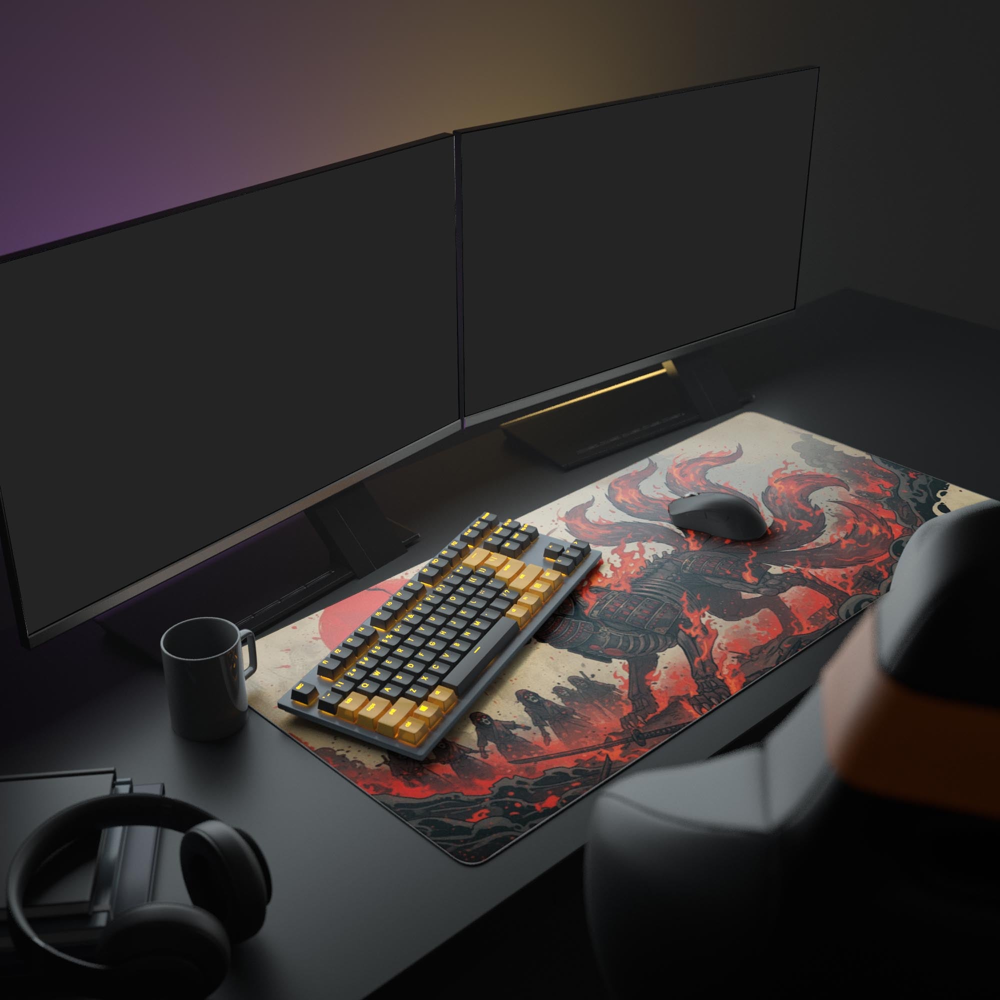 Large Kitsune Shogun gaming desk mat in a full PC setup with dual monitors, mechanical keyboard, and headphones. - Epic Design Pads