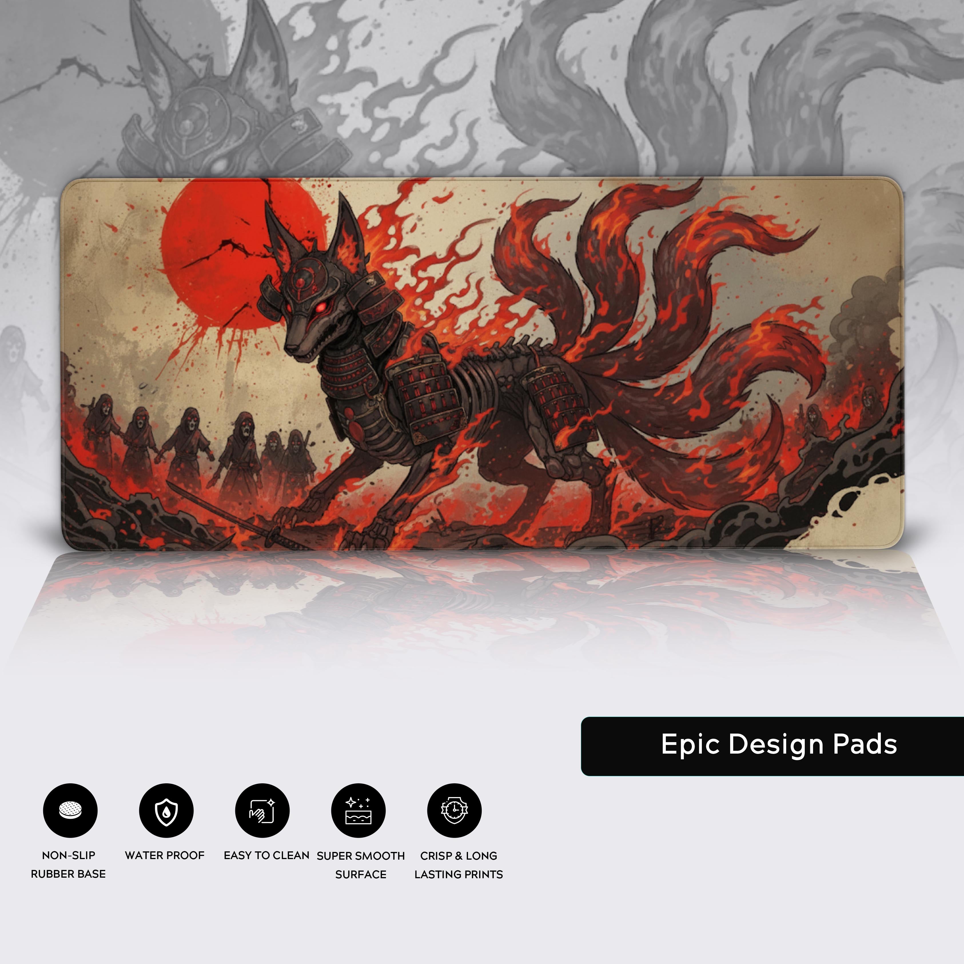 Kitsune Shogun Japanese gaming mouse pad showcasing its premium stitched edges, water-resistant surface, and non-slip rubber base. - Epic Design Pads
