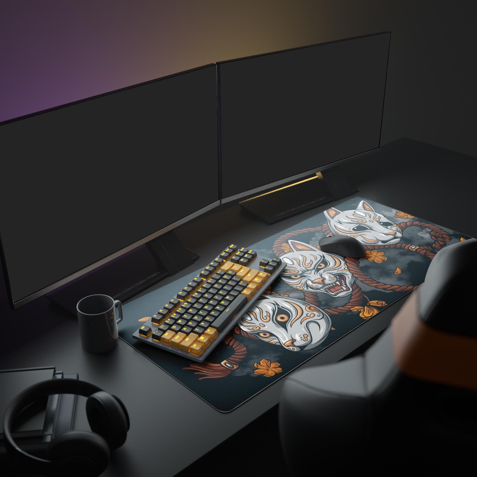 Inspirational desk setup with Kitsune Spirit mat, dual monitors, and artistic decor – Japanese mythology theme. - Epic Design Pads