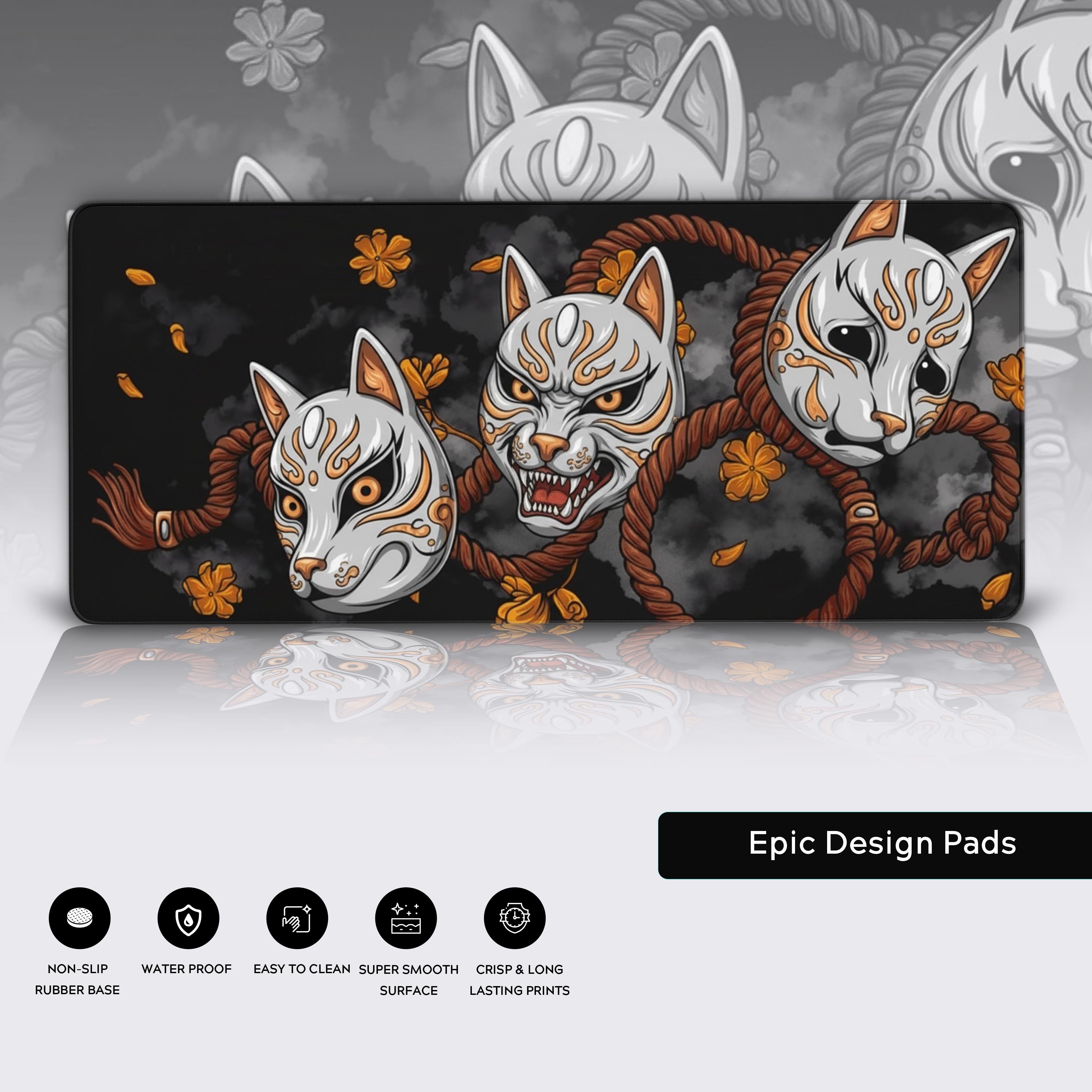 Fox spirit desk mat with intricate design – mythology-inspired mouse pad featuring stitched edges and non-slip base. - Epic Design Pads