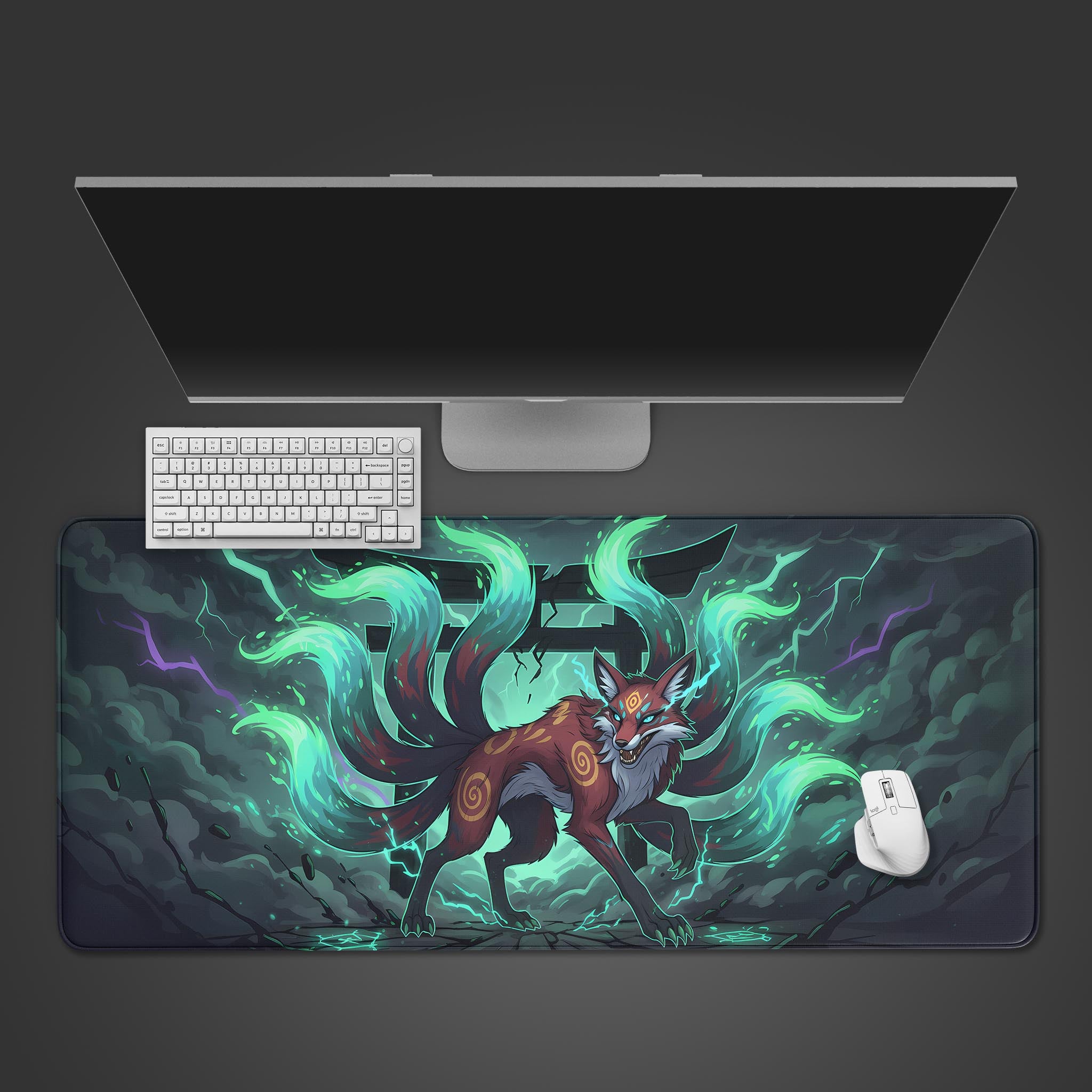 Wild Beauty tiger desk mat with rose design, shown from a top-down view with a white keyboard and mouse, creating an aesthetic desk setup. - Epic Design Pads & Mousepads