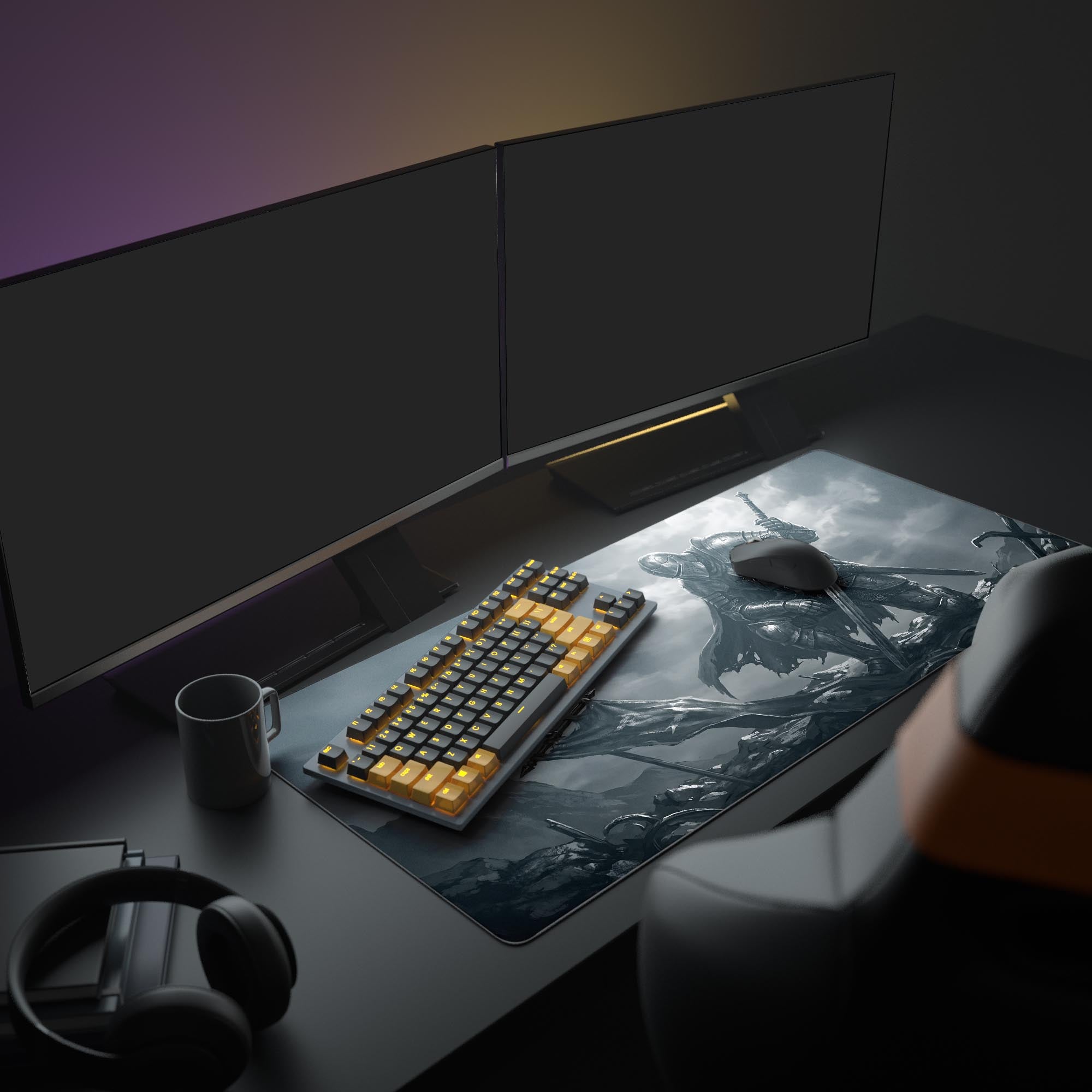Close-up of the epic knight mouse pad design highlighting the battle-worn sword and dark clouds.