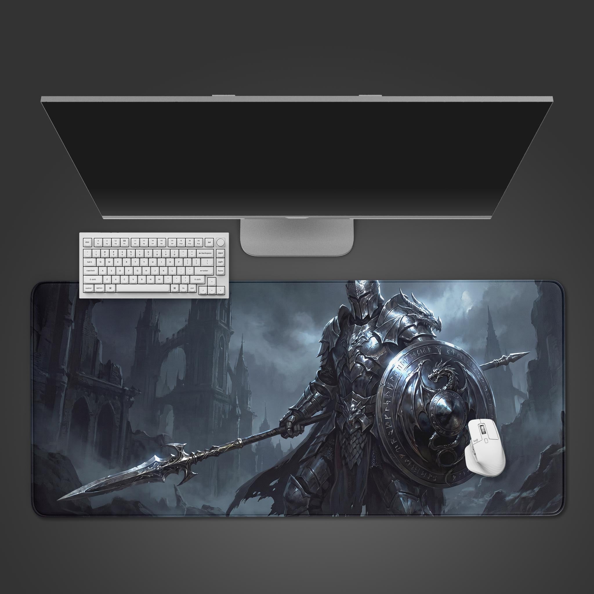 A large gaming desk mat featuring a dark fantasy armored knight with a dragon shield standing before gothic ruins.