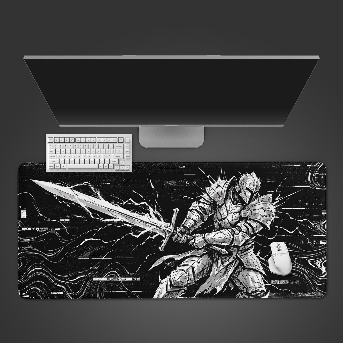 A black and white desk mat featuring an armored knight wielding an electric greatsword with glitch art effects.