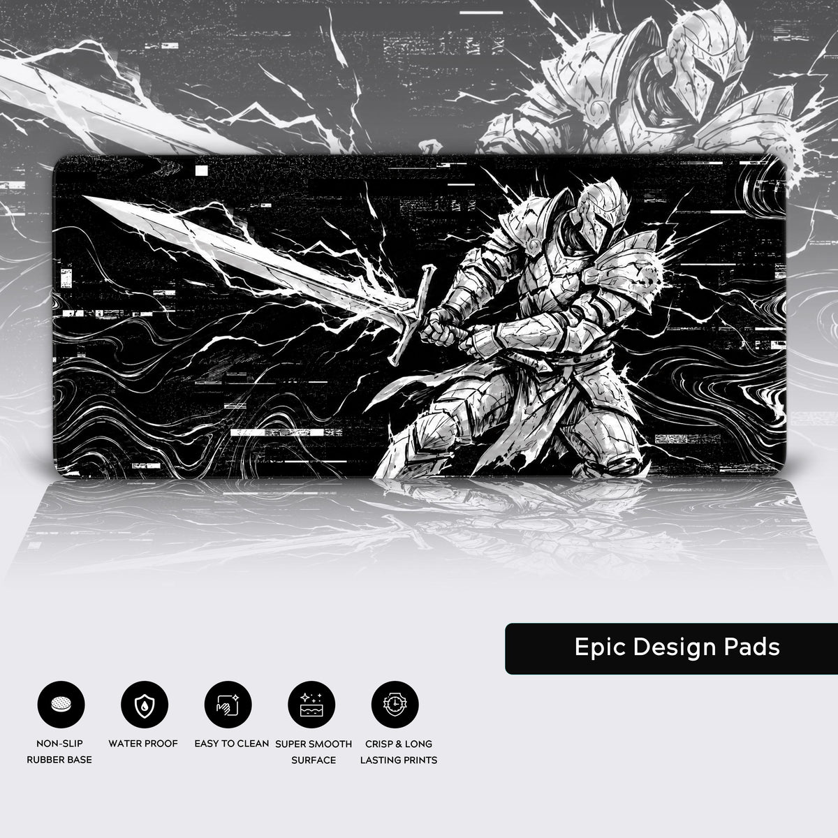 Full view of the dark fantasy knight mouse pad, illustrating a high-contrast monochromatic battle scene.