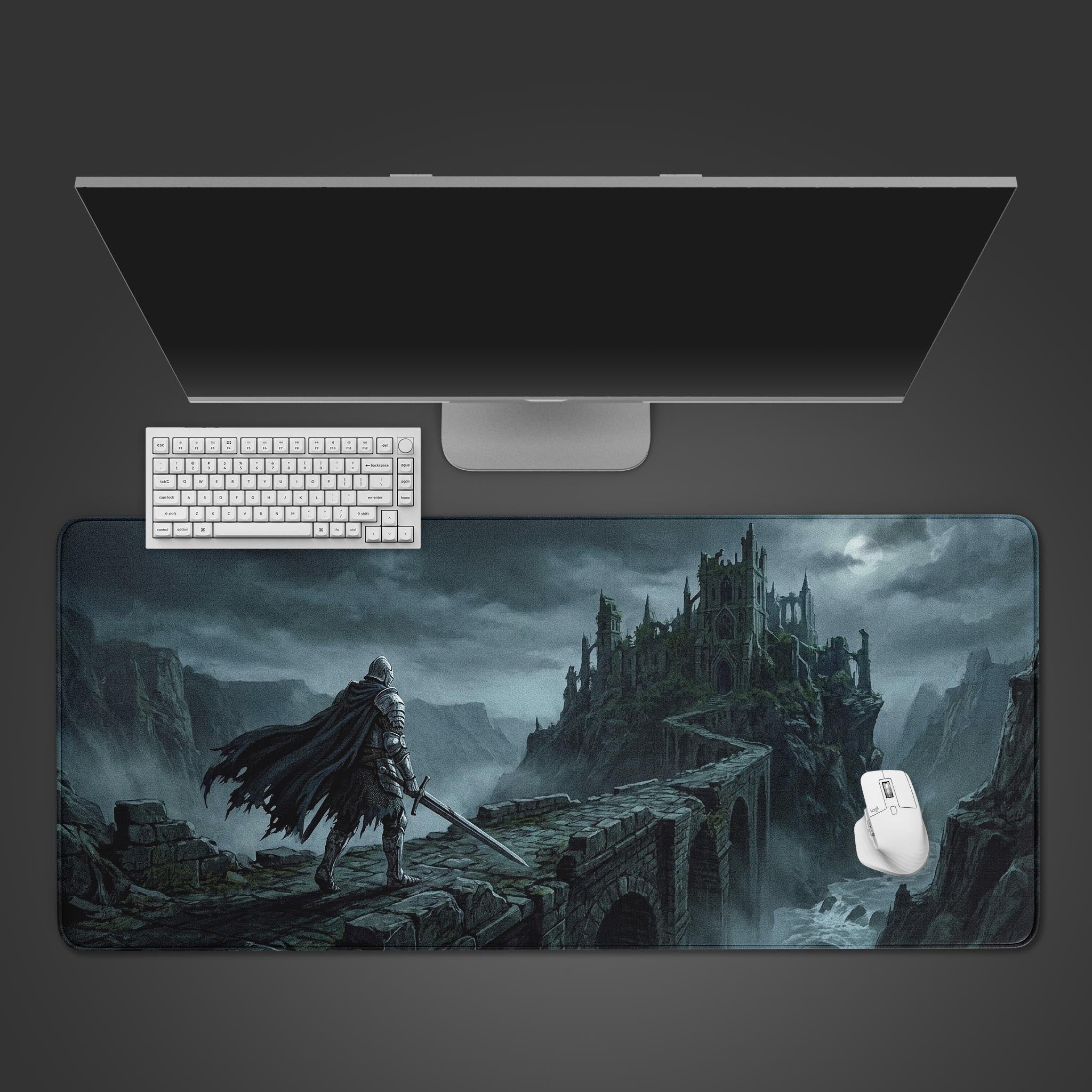 Dark fantasy desk mat featuring a knight on a stone bridge walking toward a gothic castle.