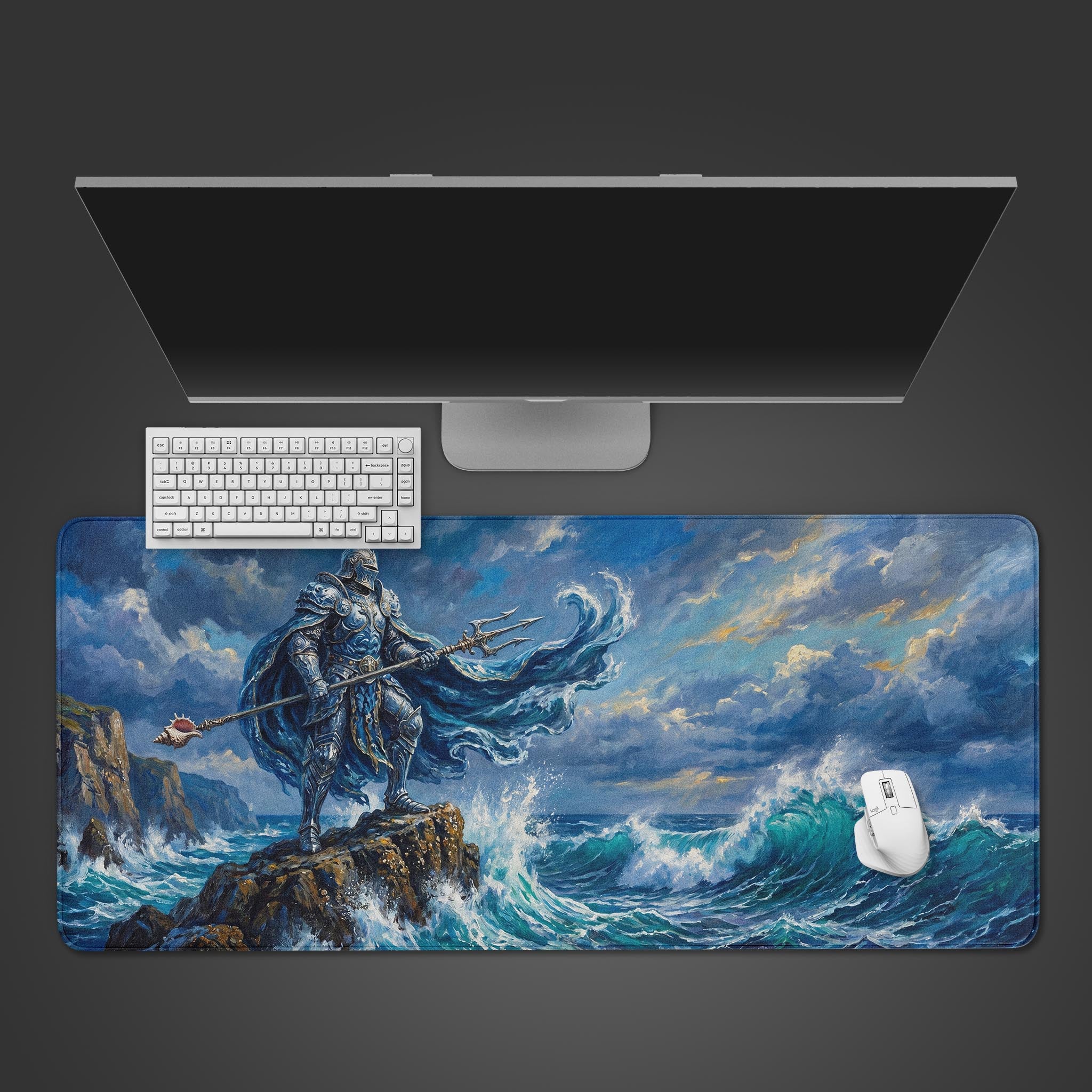 Epic high fantasy knight standing on a rock amidst crashing ocean waves desk mat