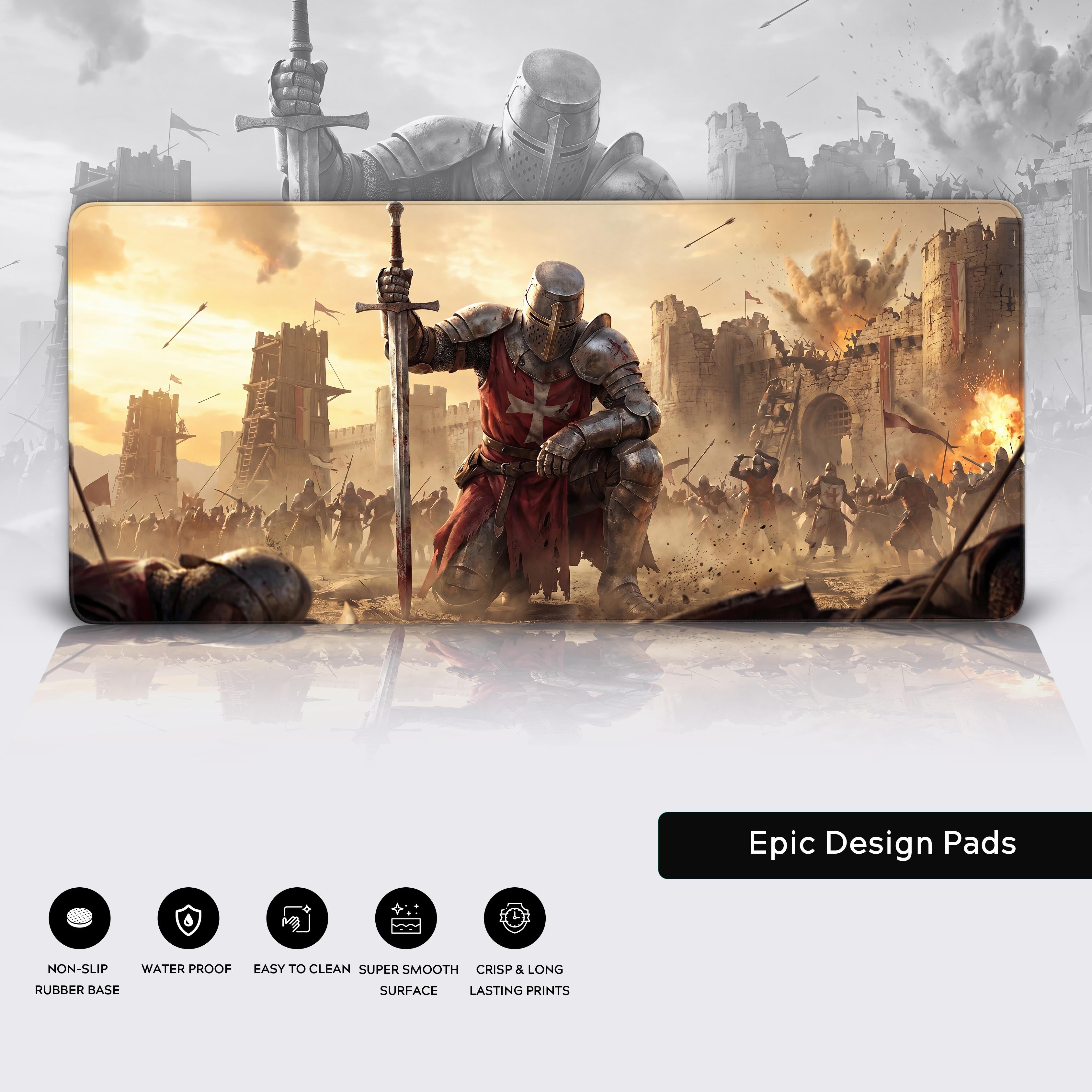 Full view of the Epic Design Pads knight desk mat showcasing its wide size and cinematic sunset lighting.
