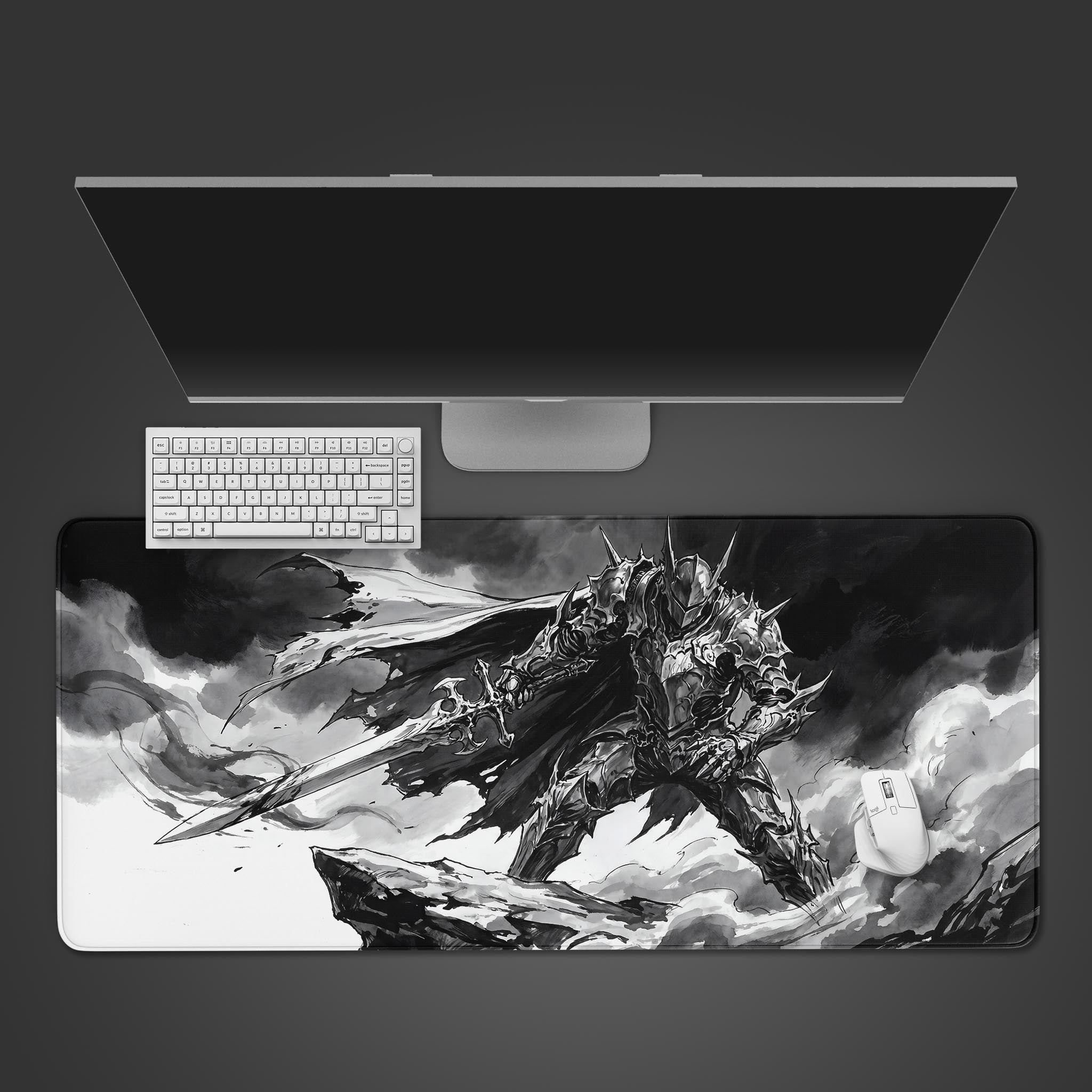 Monochromatic dark fantasy knight standing on a cliff edge on a premium gaming desk mat.