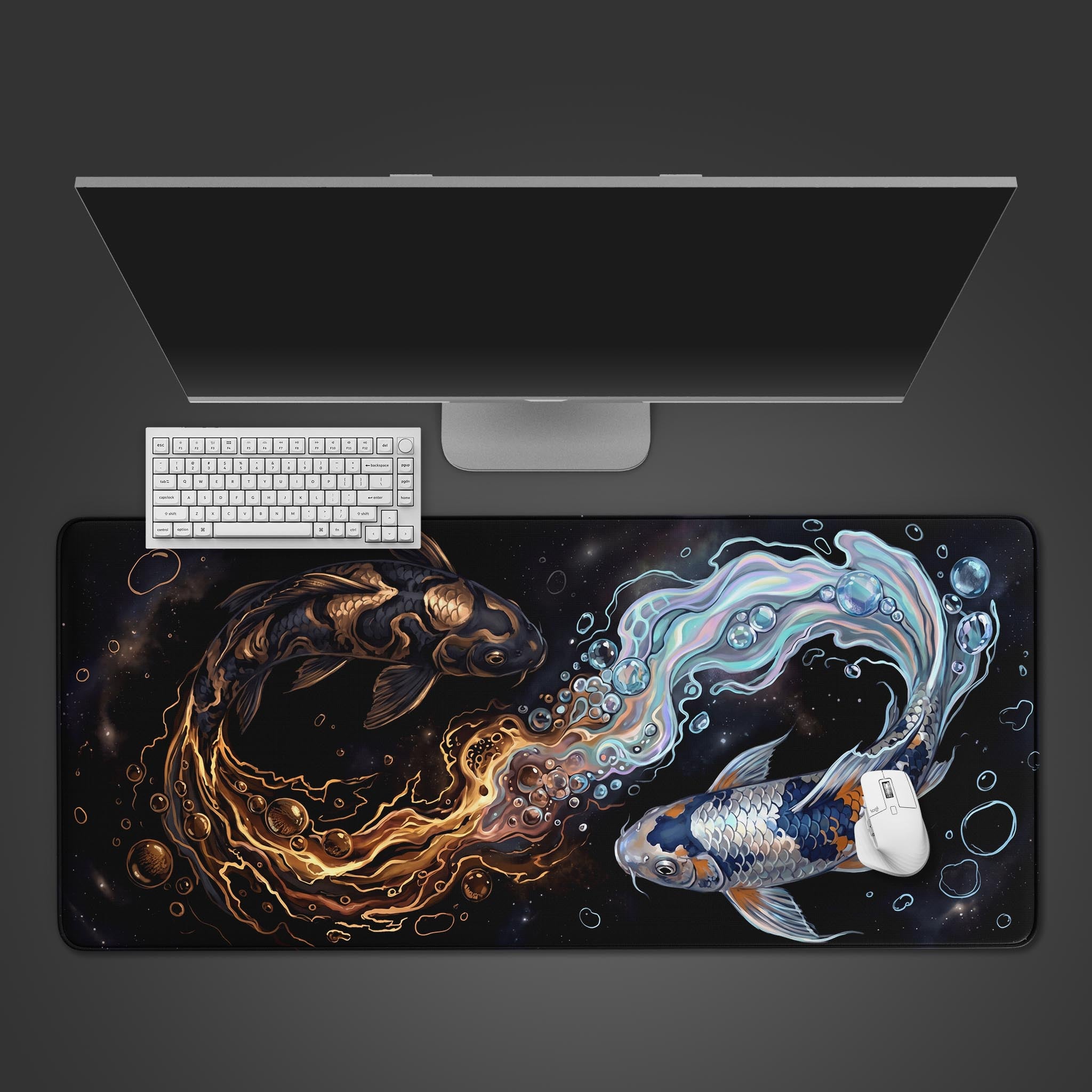 Cosmic Koi fish desk mat featuring gold and blue yin yang swirling design