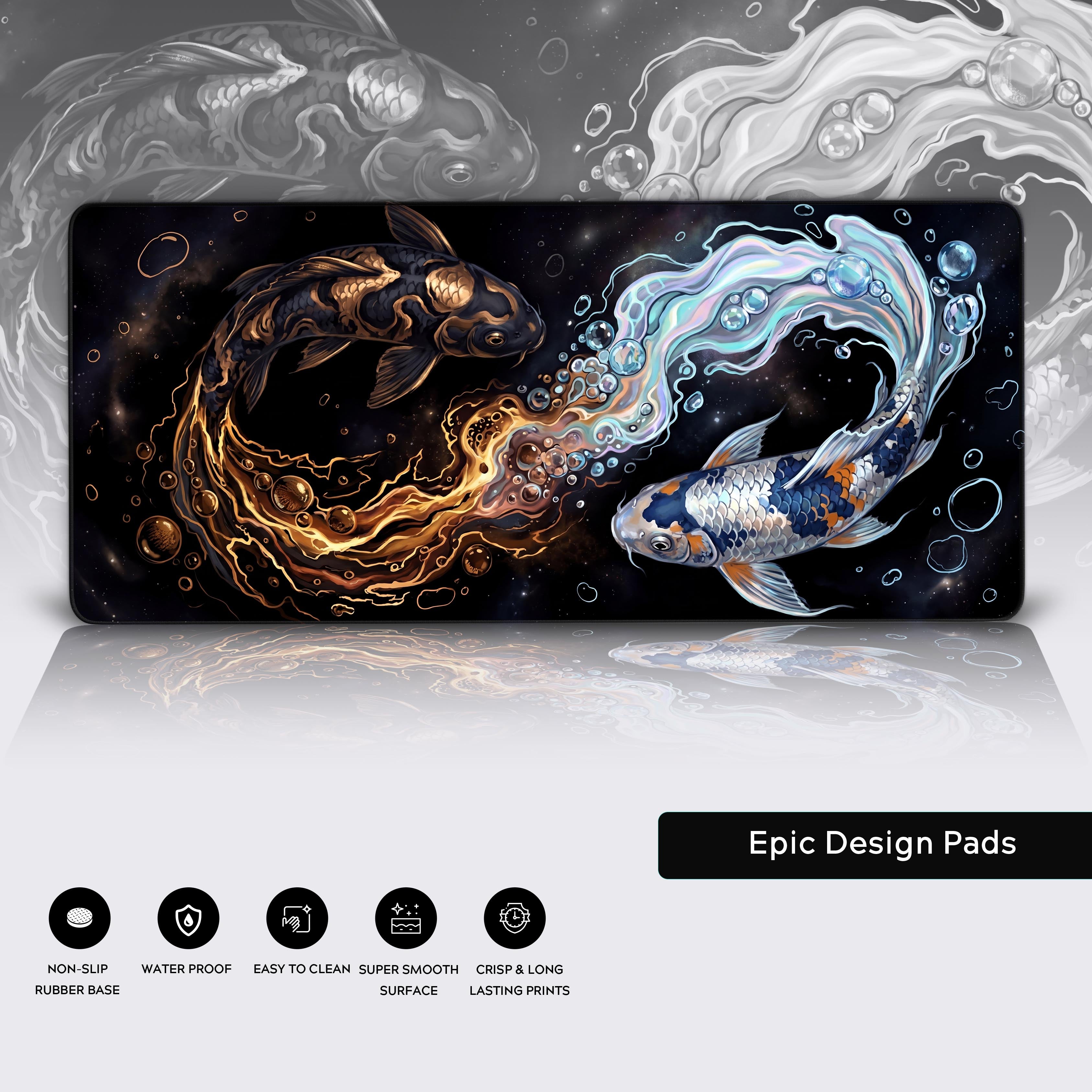 Icons highlighting the smooth waterproof surface and non-slip rubber base of the koi desk mat