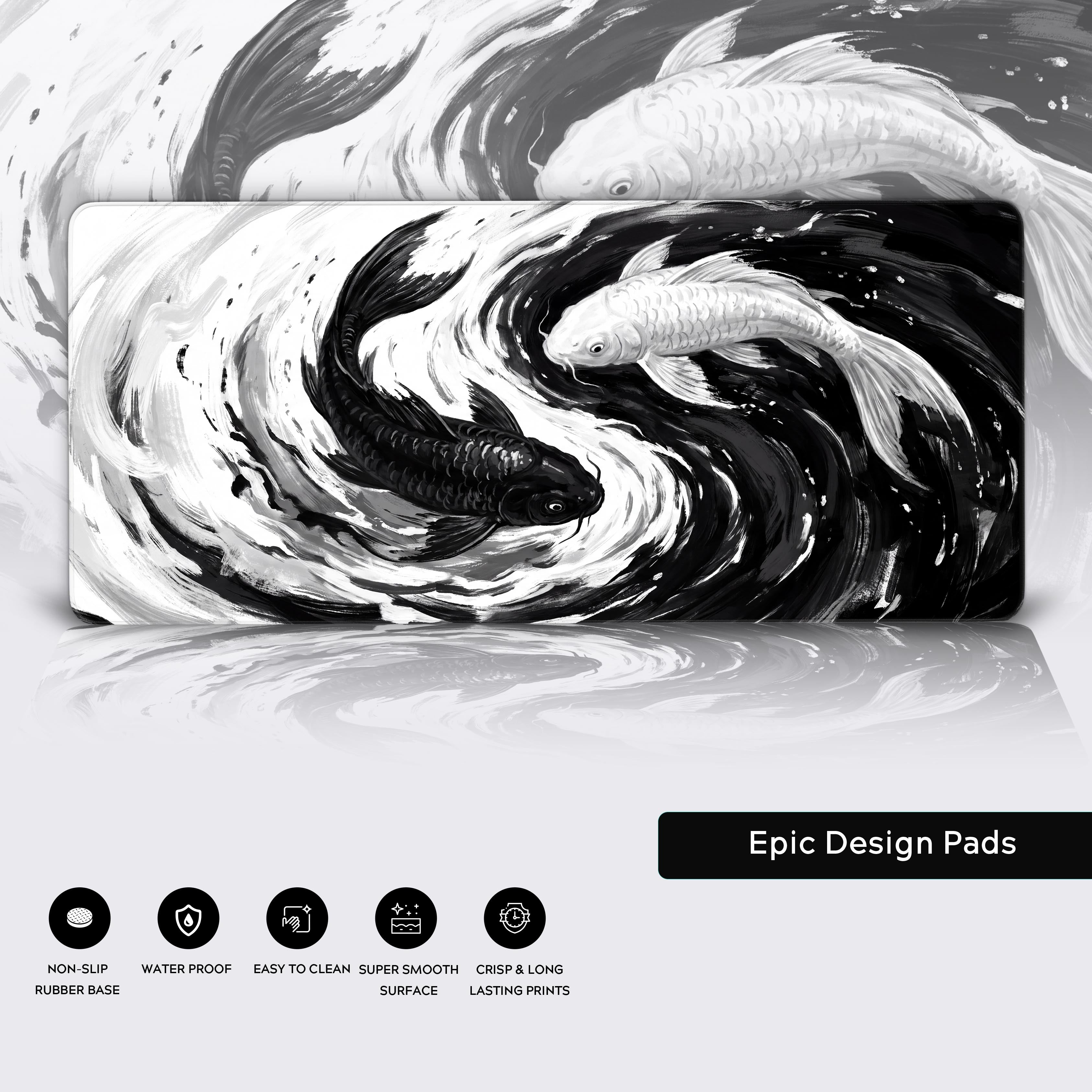 Full view of the Yin Yang Koi mouse pad highlighting its high contrast minimalist aesthetic
